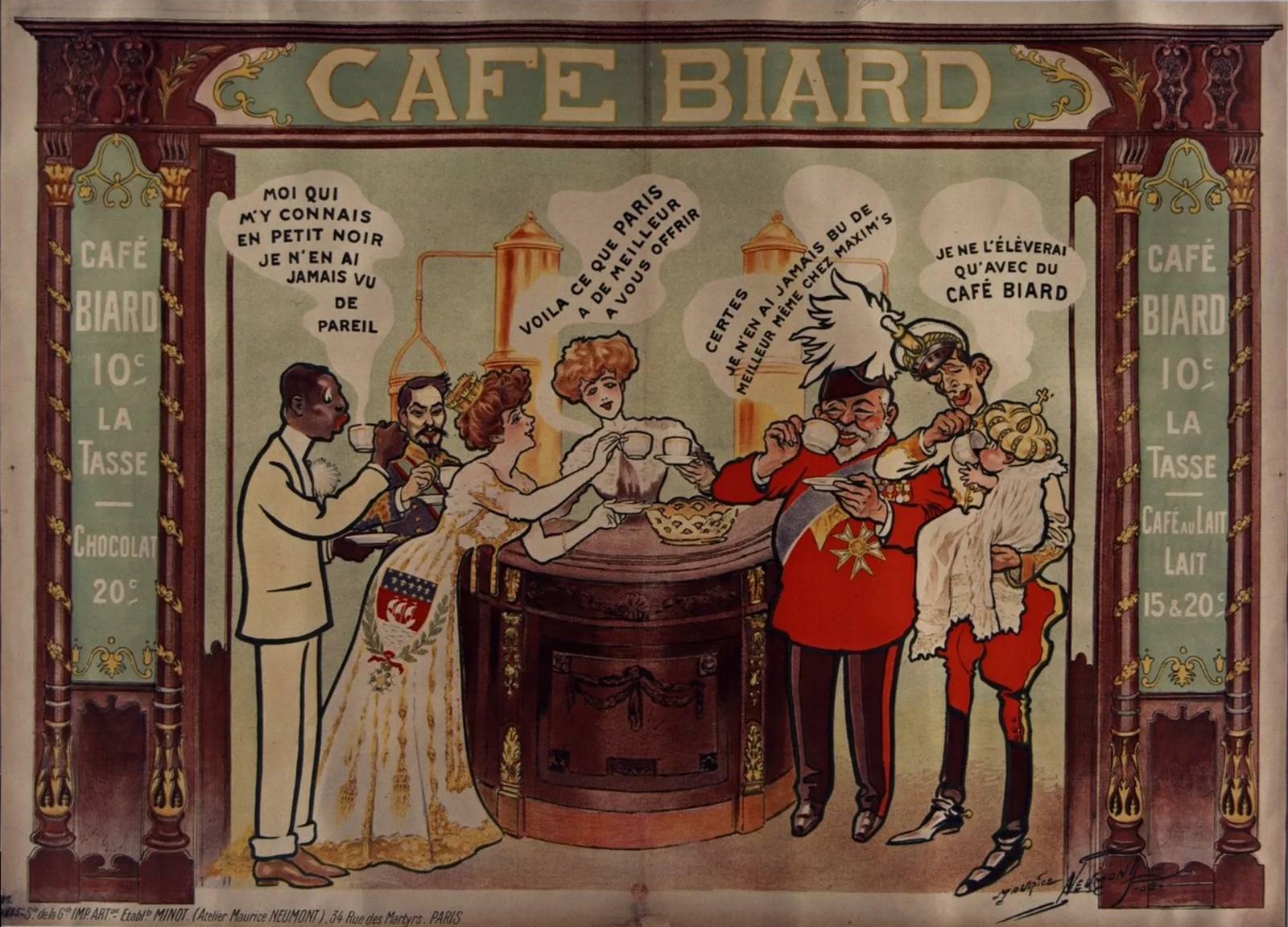 Affiche en couleurs des Cafés Biard : plusieurs personnages attablés buvant le café, avec les tarifs annoncés en gros caractères, dix centimes la tasse de café et vingt le chocolat.