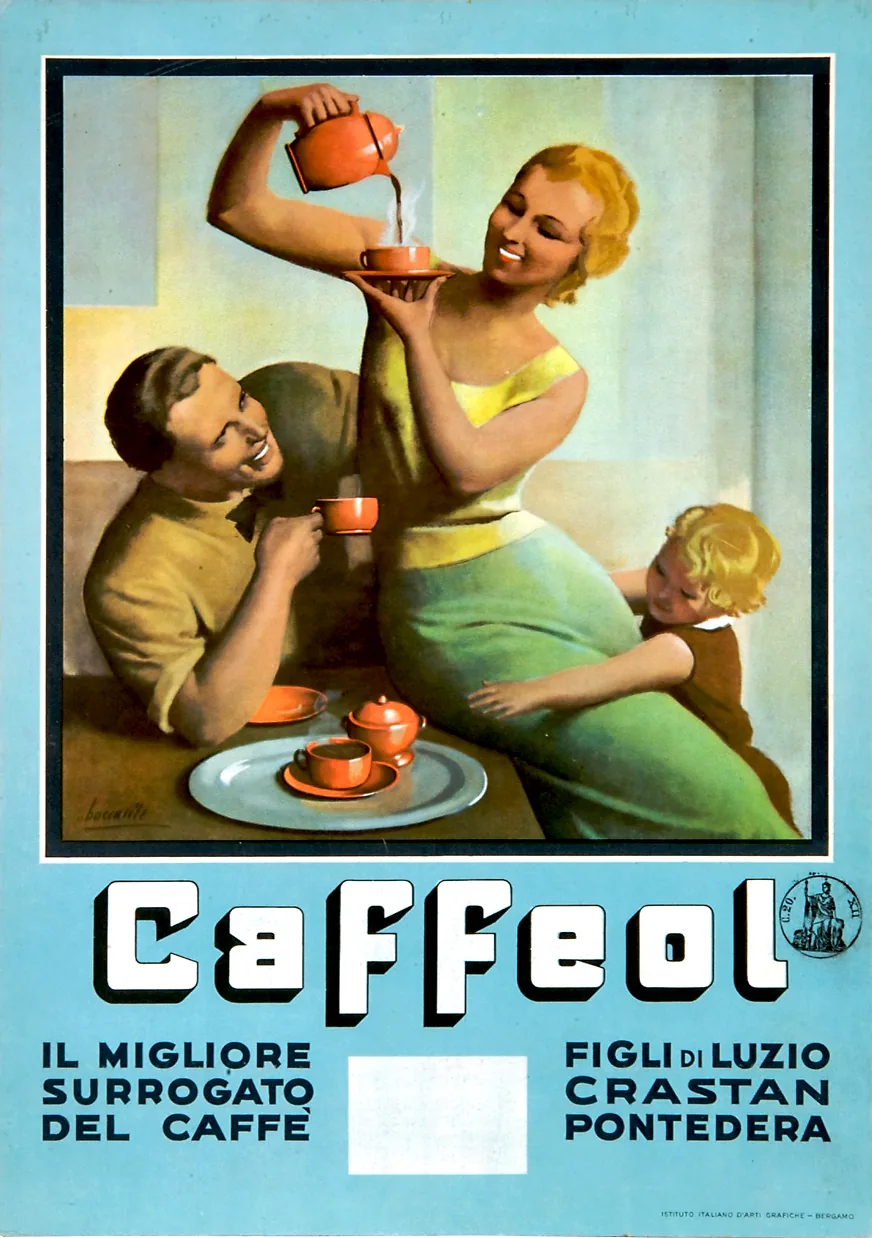 Affiche italienne montrant une femme blonde qui verse d'une haute cafetière dans la tasse d'un homme attablé, un enfant assis à côté d'eux ; le nom du produit s'étale en grandes lettres blanches au bas de l'image, avec la mention de meilleur substitut du café.