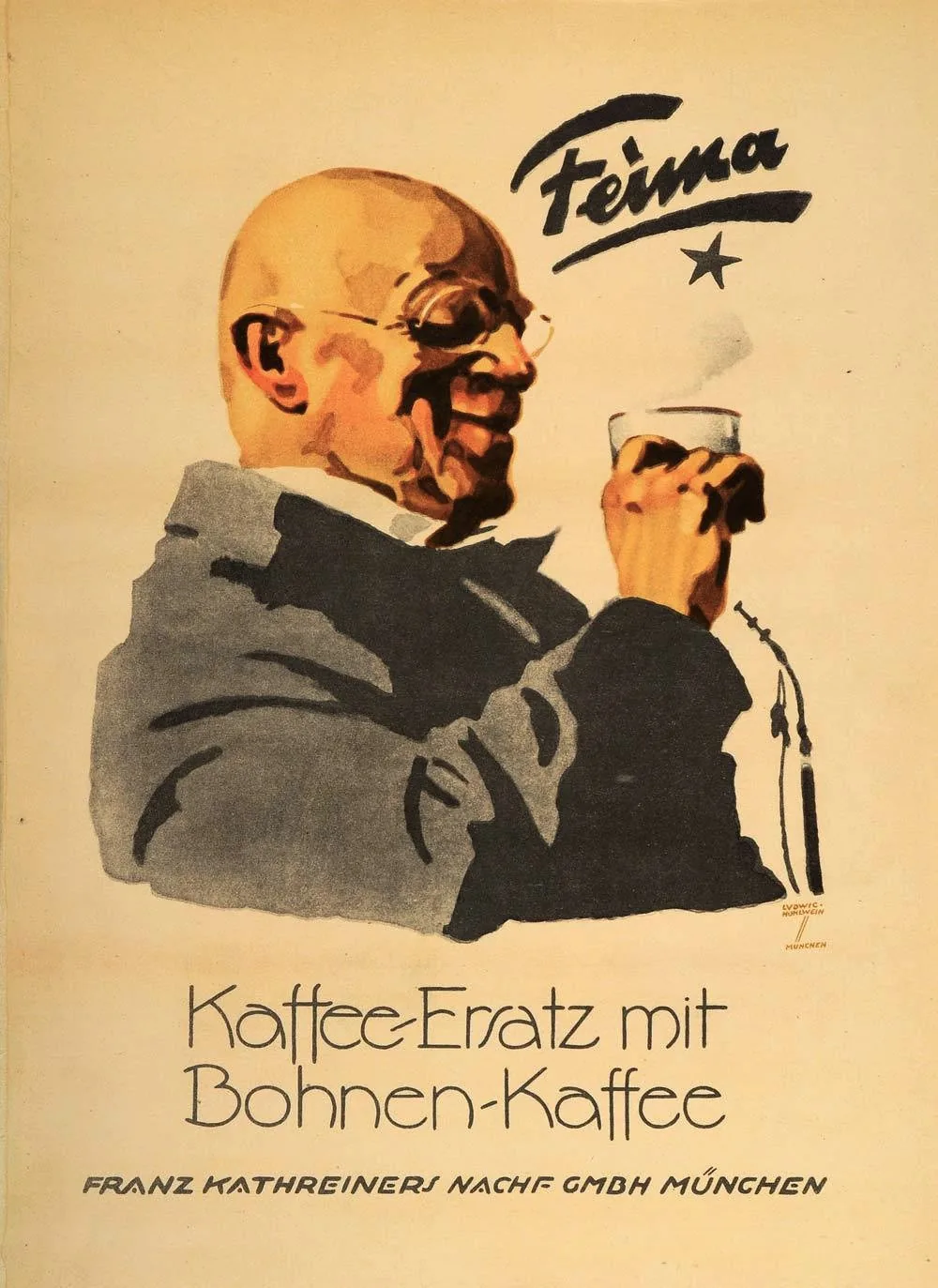 Affiche lithographiée en aplats contrastés pour le succédané Feima, vendu comme mélange de substitut et de vrai café en grains, avec le nom de la marque en lettres massives.