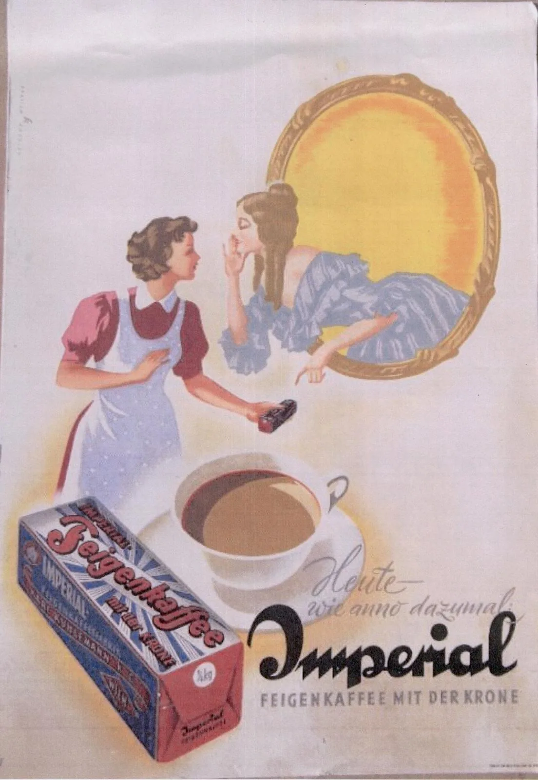 Affiche lithographiée viennoise pour le café de figues Imperial : deux femmes se penchent l'une vers l'autre au-dessus d'une grande tasse de café fumante, avec le paquet du produit couche au premier plan et le nom de la marque en lettres cursives.