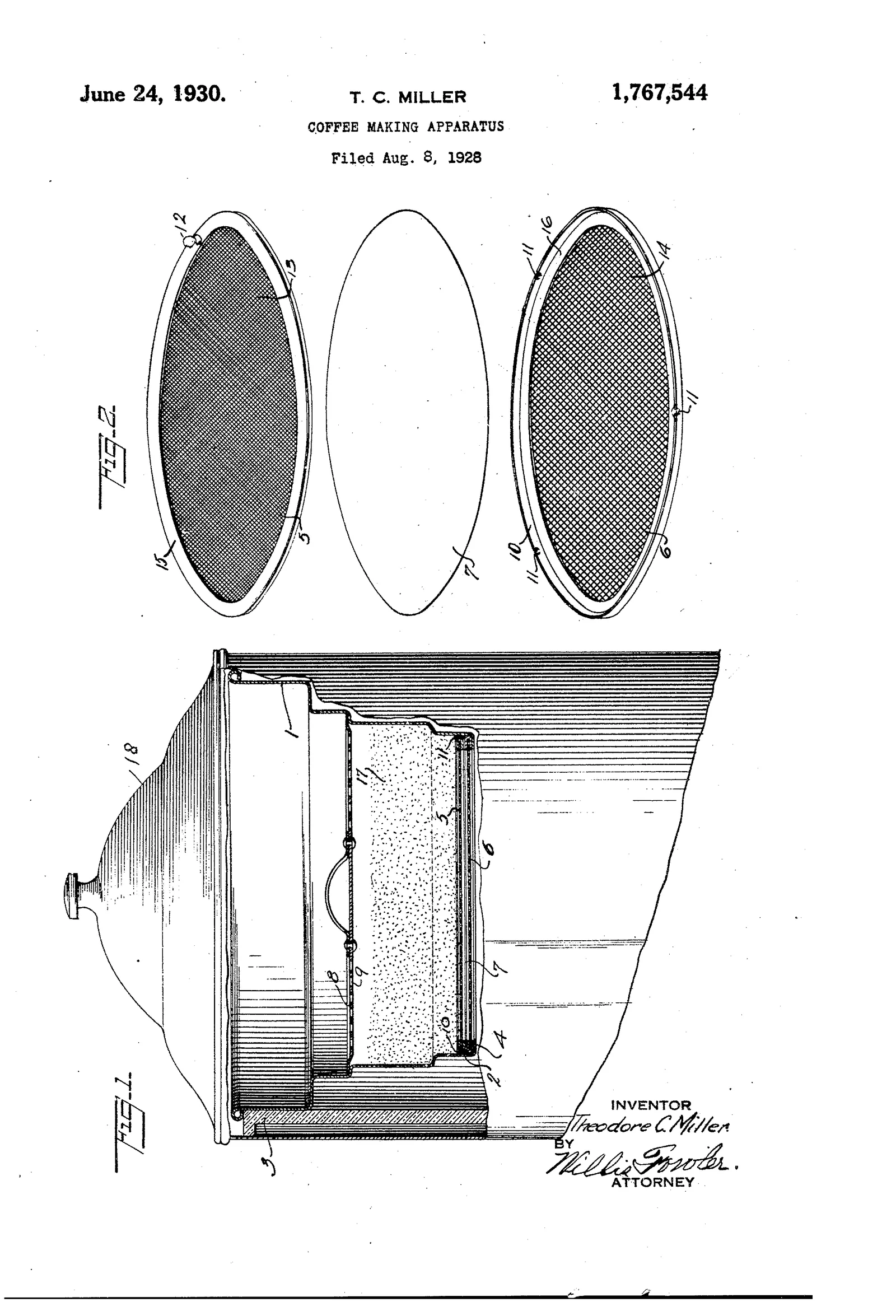 En haut de la feuille, deux grands ovales hachurés montrent à plat le tissu filtrant, tendu puis relâché. En dessous, la coupe de l'appareil fait voir le cône de filtration suspendu au-dessus du récipient, avec l'armature qui maintient la toile et l'ajutage qui règle l'écoulement. C'est un brevet de filtre en tissu, la solution qui a précédé le papier dans les cuisines américaines.