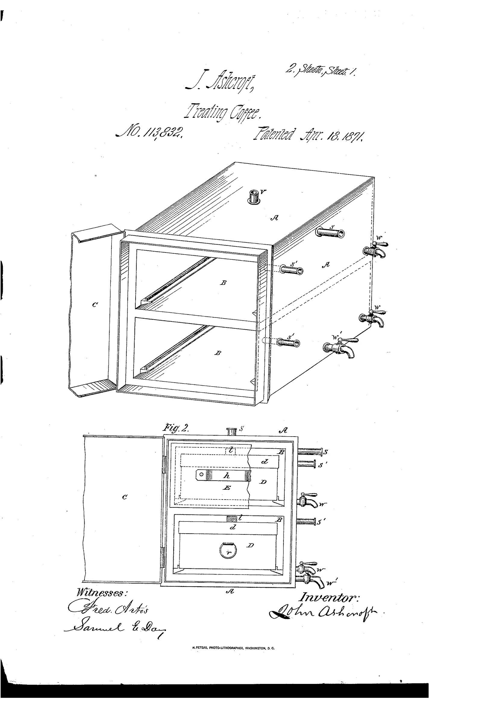 Un grand coffre de bois assemblé à tenons, dessiné en perspective et ouvert sur un de ses côtés, avec les claies qui s'y empilent. Le café y séjourne dans l'humidité pour être macéré et ramolli avant le décorticage : c'est un des tout premiers appareils brevetés pour ce que les planteurs appelaient le curing.