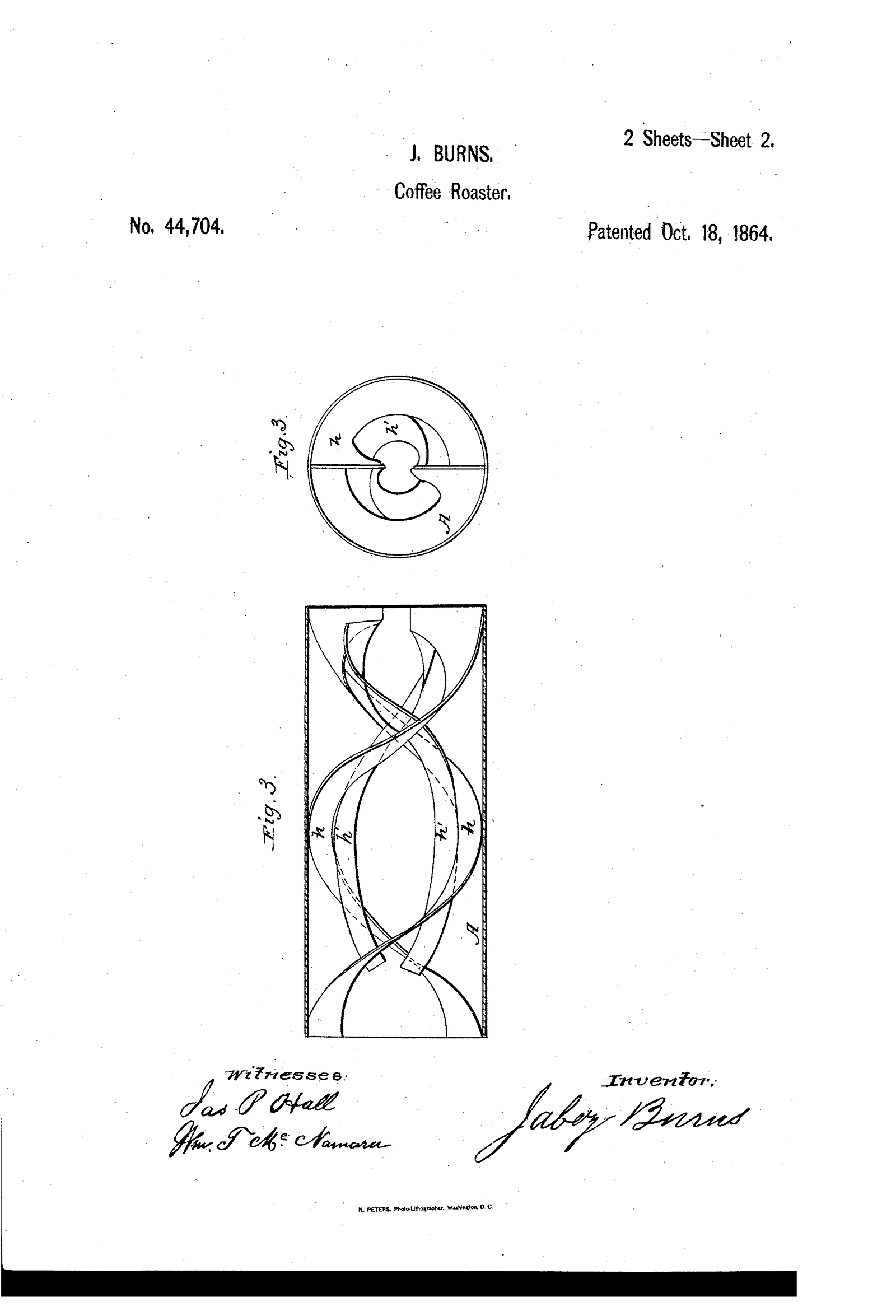 Feuille 2 du même brevet, réduite à deux figures presque abstraites : la coupe circulaire du tambour, puis le développé de la double hélice de tôle rivée à l'intérieur, deux rubans qui se croisent sur toute la longueur du cylindre. Ce sont eux qui poussent les grains alternativement vers l'avant et vers l'arrière pendant la rotation, puis tous vers la porte quand on inverse le sens de marche.