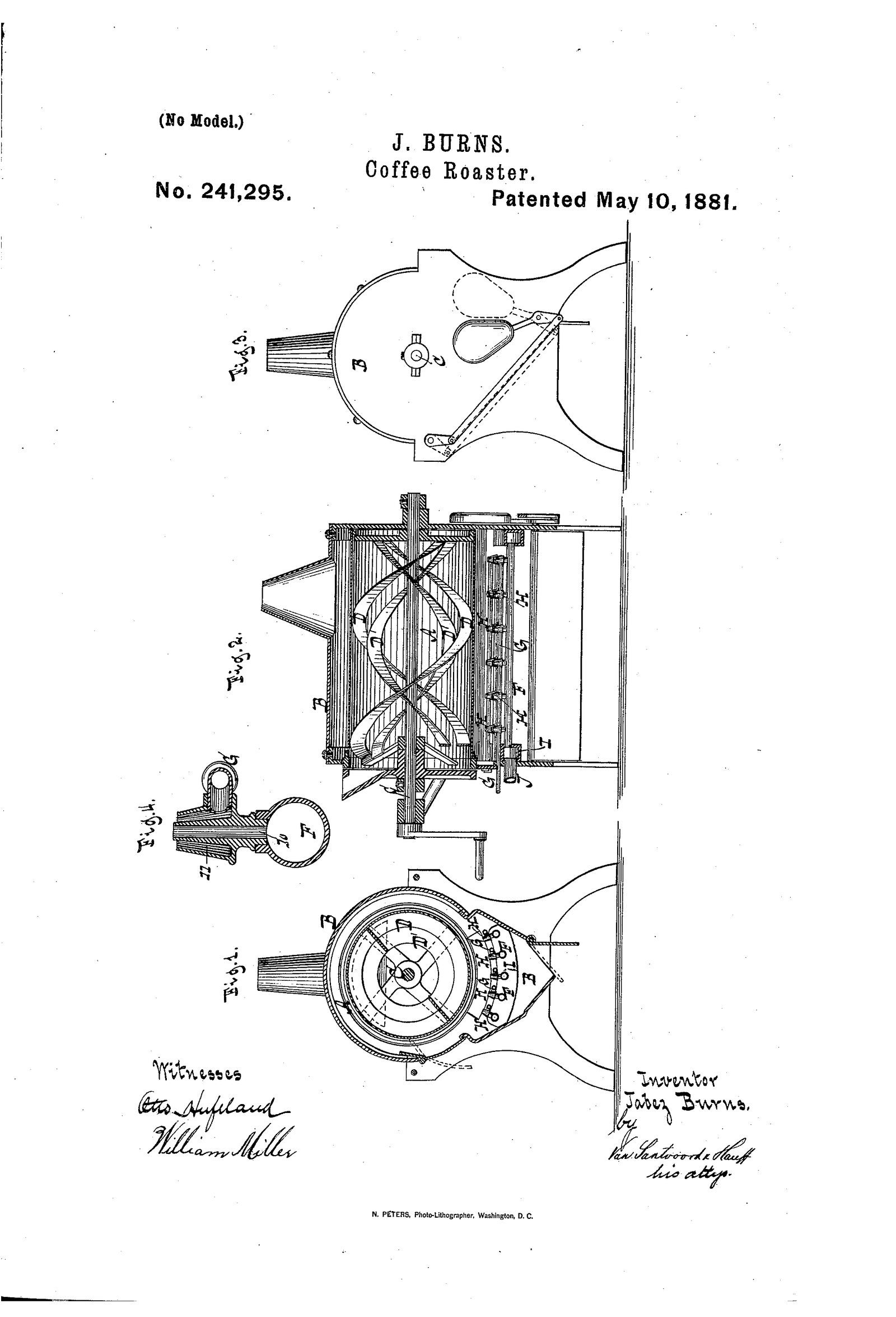 Quatre figures du torréfacteur à gaz breveté par Jabez Burns dix-sept ans après sa machine fondatrice. Au centre, la coupe longitudinale du cylindre laisse voir les aubes hélicoïdales et, alignée sous lui, la rangée de chambres de combustion qui remplacent le feu de charbon par une flamme réglable dirigée au point même où elle doit chauffer. Les deux autres figures donnent la vue de bout du bâti et le détail d'un brûleur.