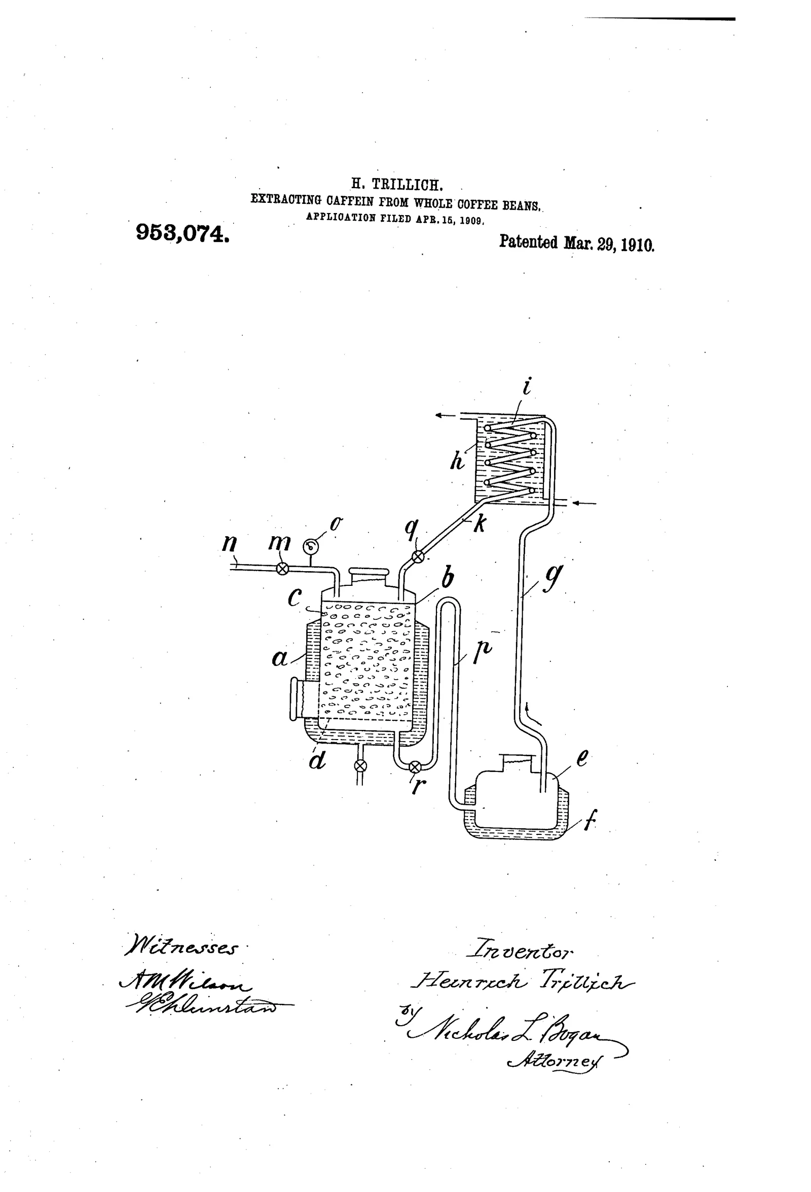 Une figure unique d'appareillage chimique dessinée au trait : un récipient fermé posé sur son support, coiffé d'un serpentin réfrigérant en spirale, relié par un col coudé à une seconde capacité. Le solvant s'évapore, se condense dans le serpentin et retombe sur les grains entiers restés dans le corps de l'appareil — un montage à reflux qui épuise la caféine sans jamais moudre le café.