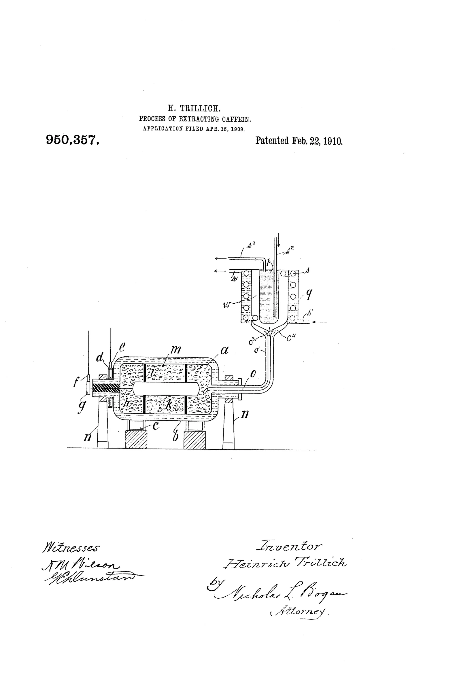 L'installation vue en coupe et développée horizontalement : deux capacités cylindriques reliées par des tubulures coudées, avec les robinets d'isolement et le réfrigérant intercalé entre elles. Le dessin se lit comme un schéma de procédé plutôt que comme le portrait d'une machine, le café restant dans l'une des capacités pendant que le solvant fait la navette.
