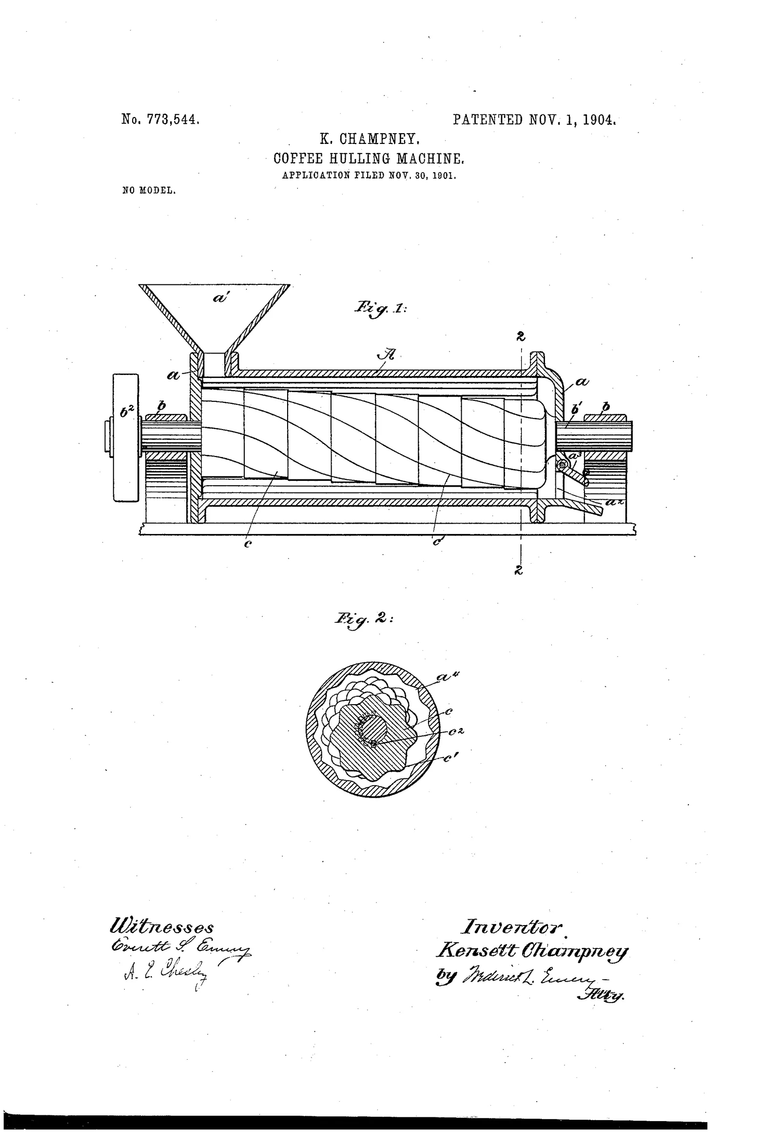 Un long cylindre horizontal dessiné en coupe sur toute la largeur de la feuille : la vis intérieure pousse le café en parche d'un bout à l'autre entre l'arbre et la chemise, les coques éclatées s'échappent par les fentes ménagées dans l'enveloppe, le grain nu sort à l'autre extrémité. Deux petites figures donnent la vue de bout et le détail du réglage de pression.