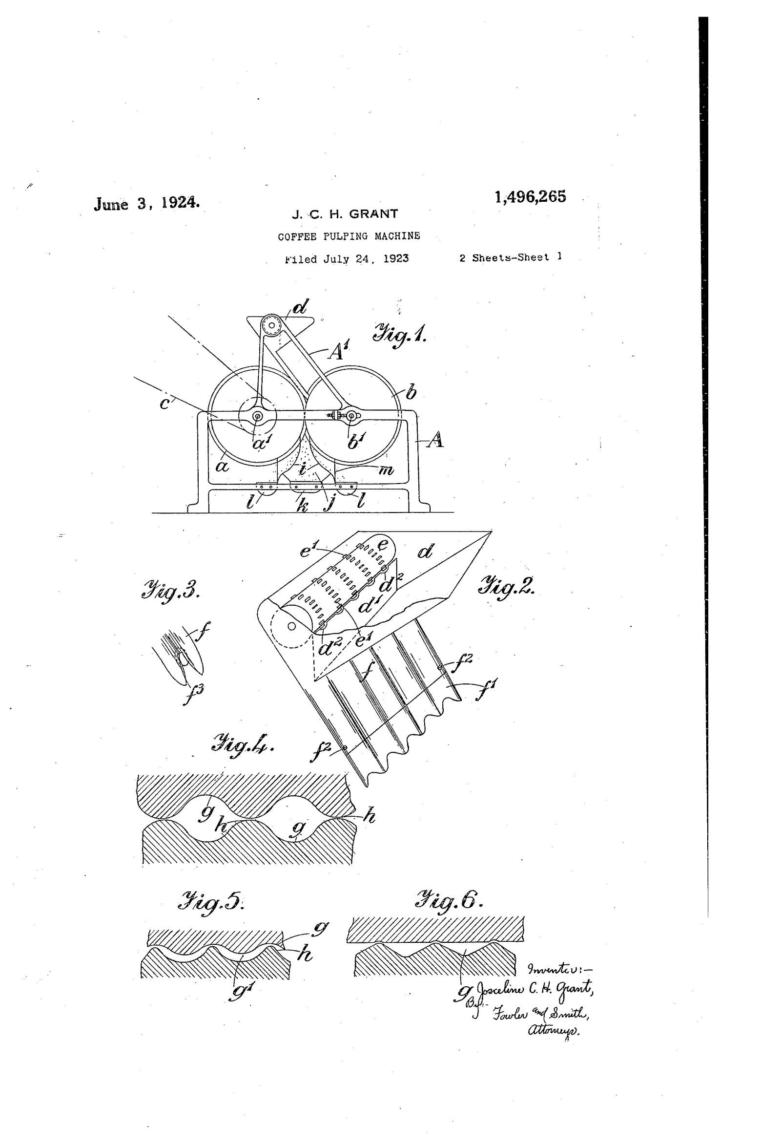 En haut, la machine en coupe : les cerises glissent d'une trémie inclinée entre deux rouleaux garnis, et la pulpe arrachée tombe dans un caisson séparé. Le bas de la feuille est occupé par six figures de détail qui développent à plat le grain de la surface travaillante, cannelures droites, cannelures obliques, picots : la planche est en réalité un catalogue de textures, car c'est la texture qui fait la séparation.