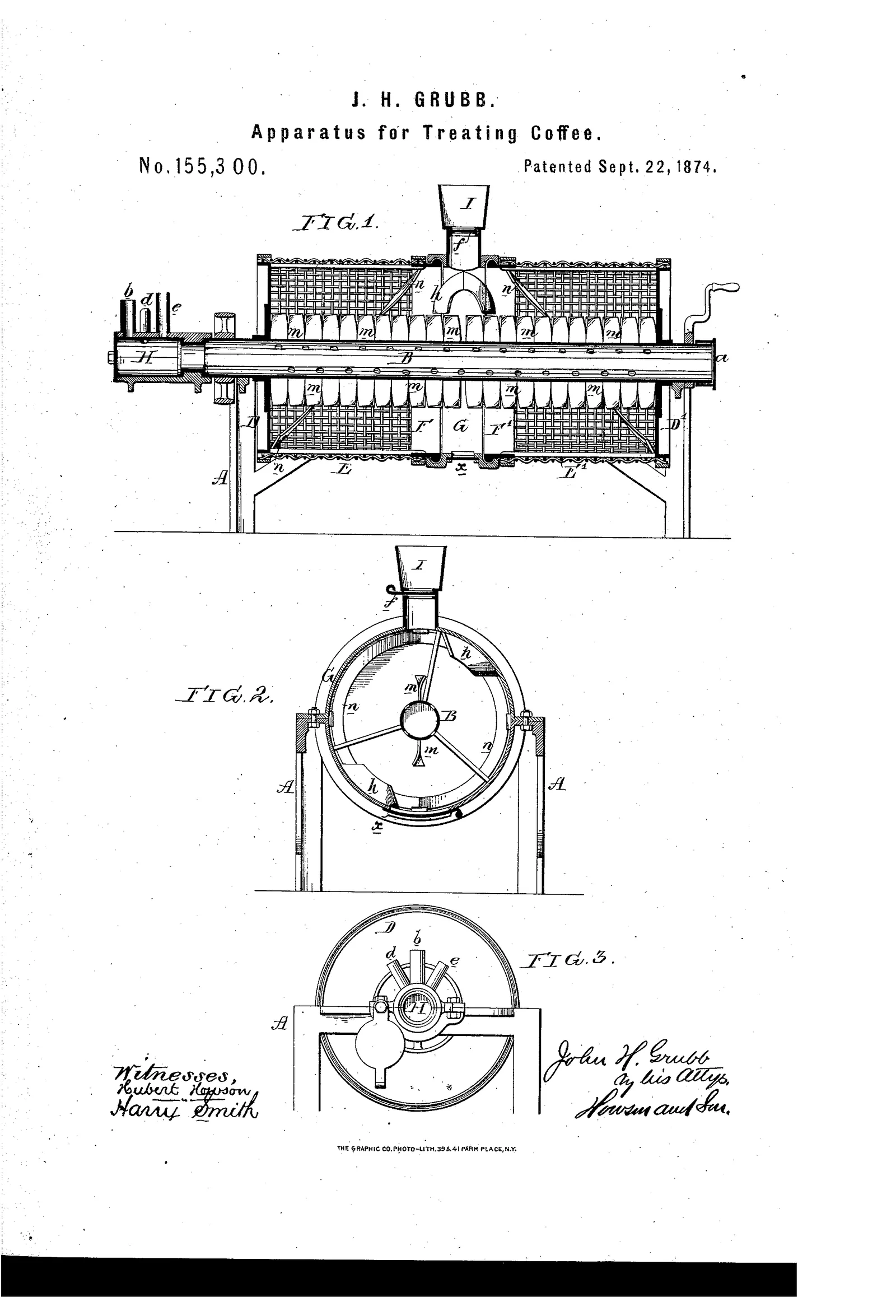 Trois figures gravées au trait : en haut la machine en coupe longitudinale, un long caisson horizontal traversé par un arbre garni de palettes qui brassent la masse de grains ; en dessous, la vue de bout de l'appareil et le détail circulaire du rotor. Le café est remué dans son bain au lieu d'être laissé au repos, principe que reprendront les brasseurs mécaniques des stations de lavage.
