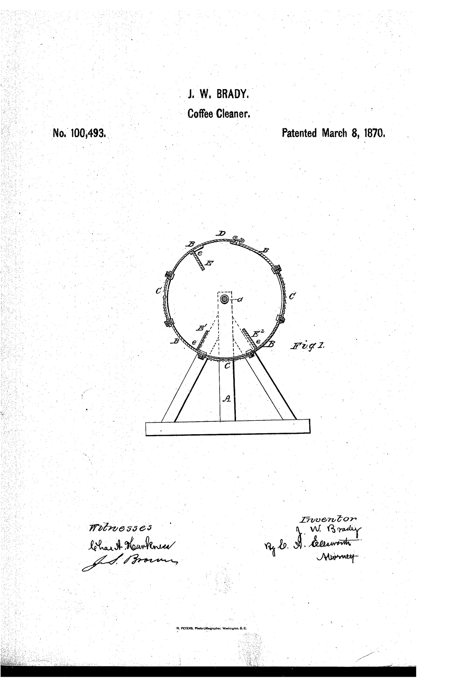 Une seule grande figure occupe la feuille : un énorme tambour cylindrique à claire-voie, presque aussi large que haut, porté par un axe entre deux montants de bois en A et manœuvré par une manivelle. Les grains tournent dans ce panier plongé dans son bain ; toute la machine tient en une roue, un axe et deux chevalets, ce qui la mettait à la portée d'un atelier de plantation.
