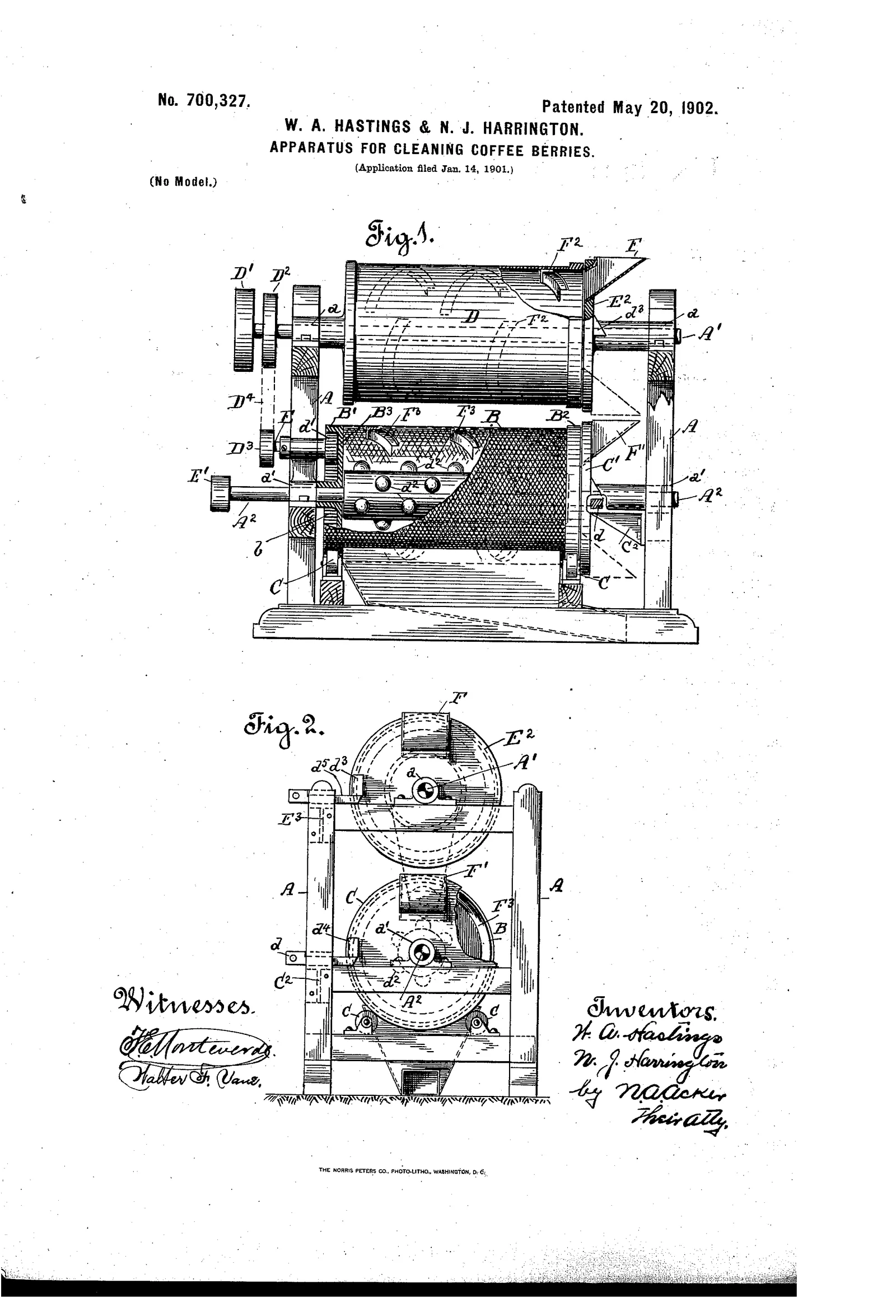 La figure 1 montre en coupe un long cylindre à claire-voie couché dans son auge, avec l'arbre à palettes qui pousse les cerises vers la sortie et la tubulure d'eau qui les prend à contre-courant. La figure 2 donne la vue de bout, deux cylindres accolés dans un même bâti de maçonnerie. La circulation à contre-courant, qui économise l'eau, est l'idée centrale de la planche.