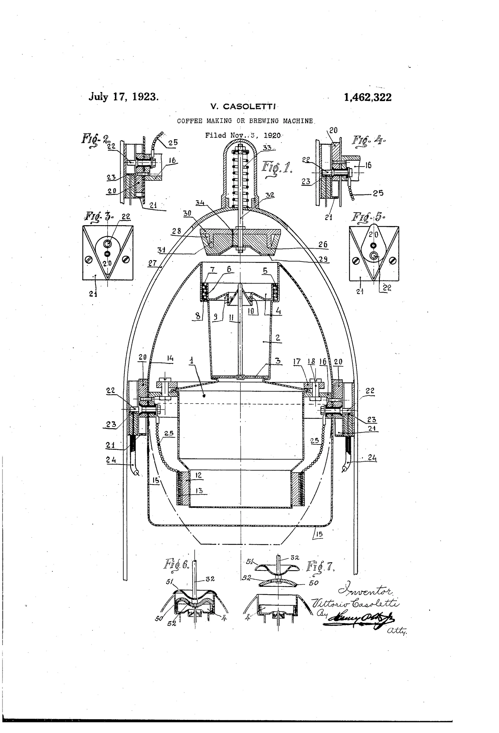 La machine entière en coupe verticale au centre de la feuille : la chaudière en forme de cloche, le tube montant, la chambre d'infusion et le robinet de distribution alignés sur un même axe, avec le foyer sous le pied. Quatre petites figures détachées donnent le détail du robinet, du joint et du porte-filtre. La pression de vapeur pousse l'eau à travers la mouture : c'est la mécanique italienne de l'entre-deux-guerres.