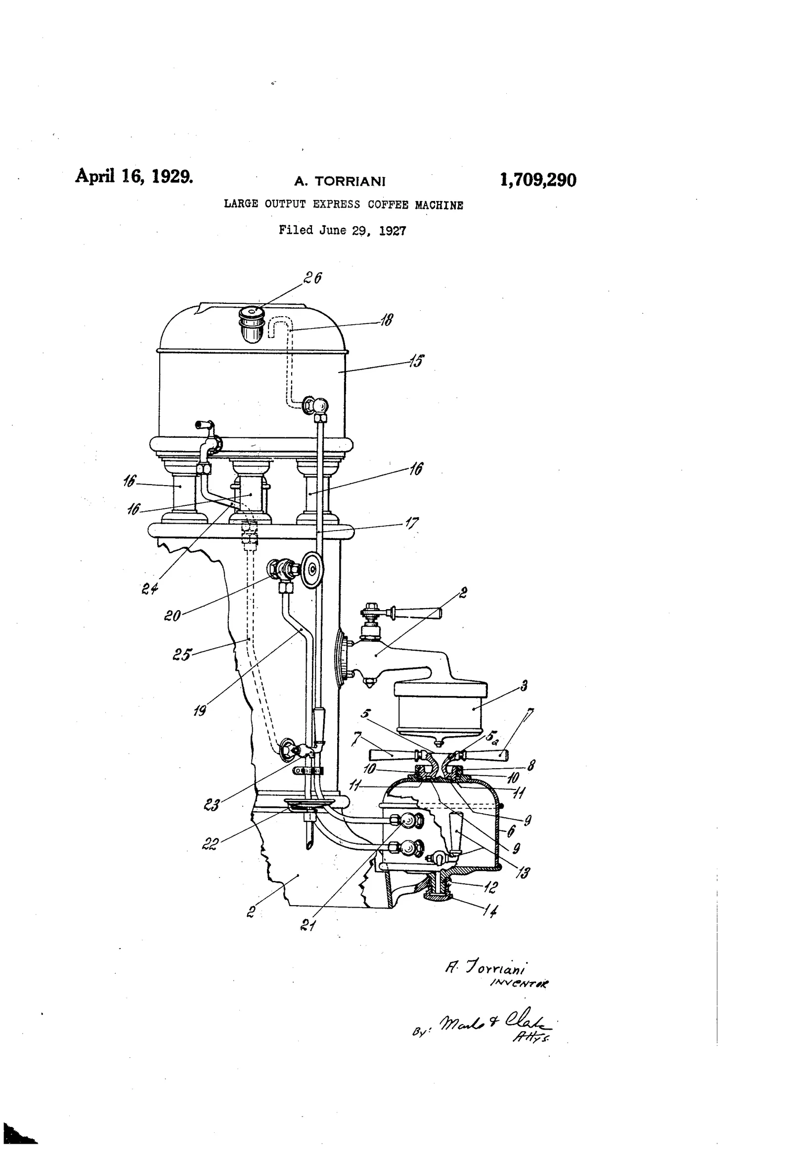 Une haute machine verticale dessinée en coupe sur toute la hauteur de la feuille : la chaudière en colonne, les organes de réglage étagés le long du fût, et en bas le groupe de distribution avec son porte-filtre et sa grille d'égouttage. Le titre du brevet, « large output express coffee machine », dit l'objet du dessin : tenir la cadence d'un café italien de grande ville.