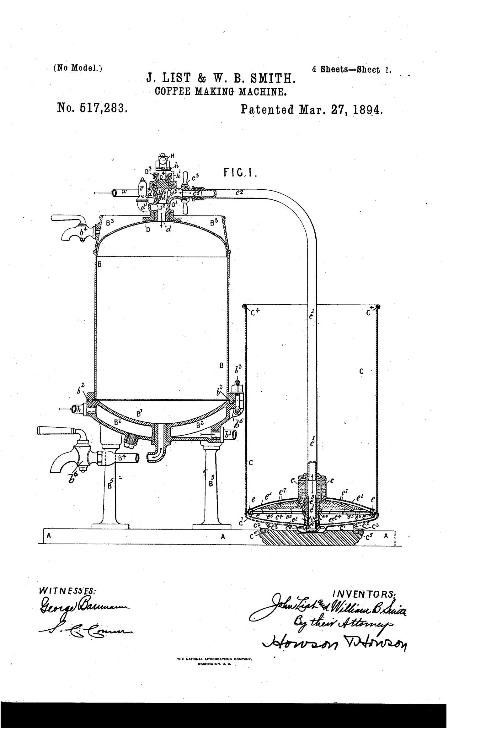 La figure 1 montre en coupe une grande fontaine à café de comptoir : le corps cylindrique sur son piètement, la double enveloppe hachurée où circule la vapeur, la colonne centrale et le robinet de service. Autour, quatre petites figures donnent les disques perforés et les pièces d'assemblage. C'est la machine des restaurants et des buffets de gare, celle qui tient le café chaud toute la journée.