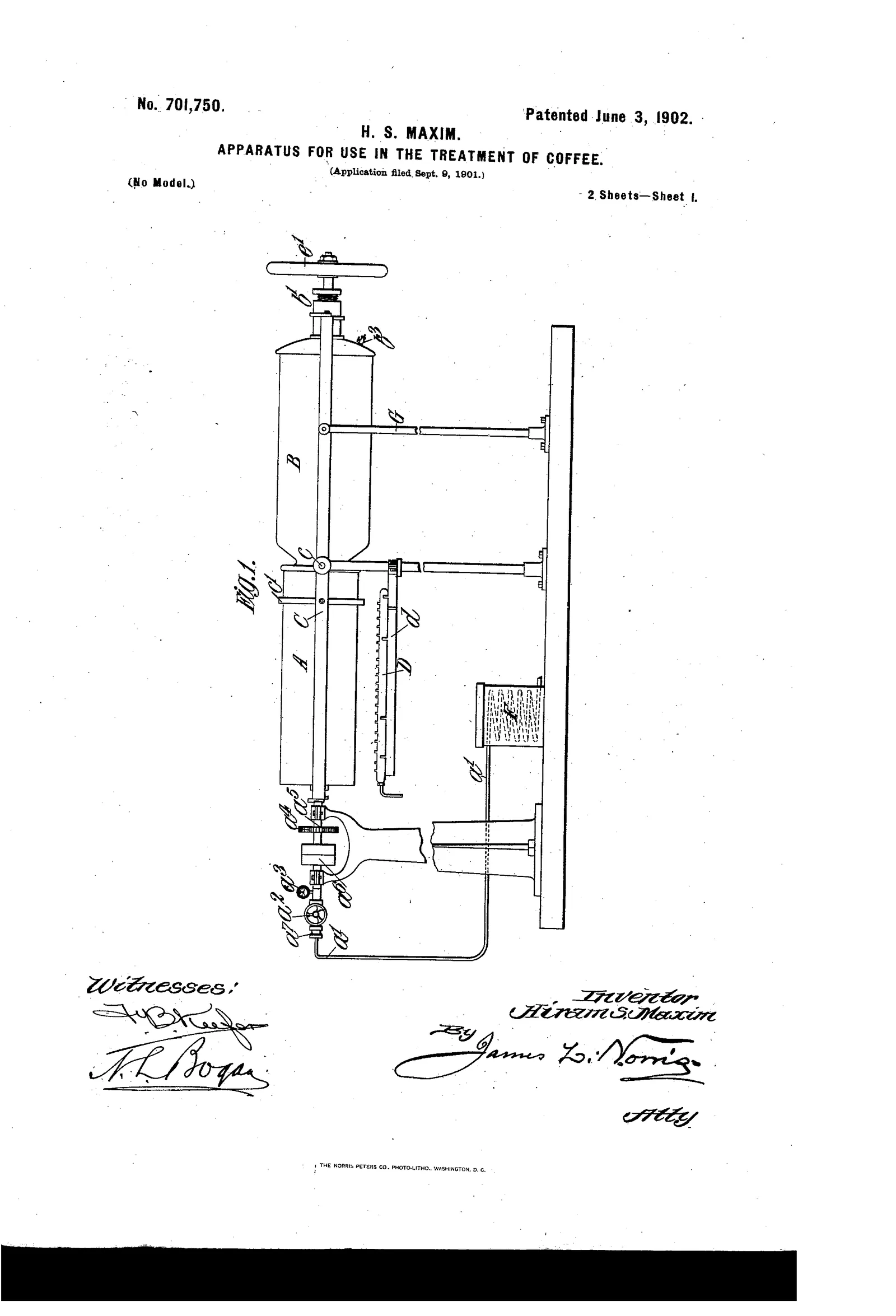 Une haute colonne cylindrique posée sur un socle, dessinée en coupe : le café descend lentement dans la cuve pendant qu'un liquide circule à contre-courant par les tubulures latérales, avec le robinet de vidange et la soupape en pied. L'inventeur de la mitrailleuse s'est intéressé au traitement du café et propose ici de conduire la macération en continu dans une colonne verticale plutôt qu'en bacs ouverts.