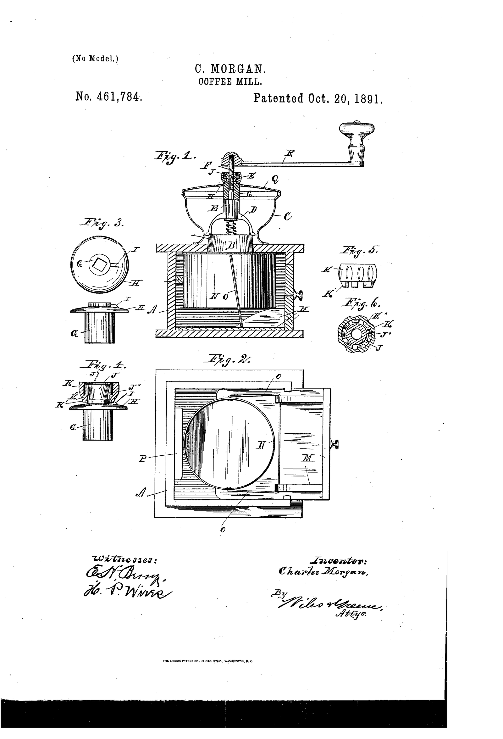 Six figures d'un moulin à café de table breveté en 1891. Au centre, le moulin en coupe : trémie évasée, axe vertical, manivelle coudée et tiroir de réception sous le coffre de bois hachuré. Autour, le détail des meules coniques vues de face et de dessus, et l'écrou papillon qui, seul, commande la finesse de la mouture.
