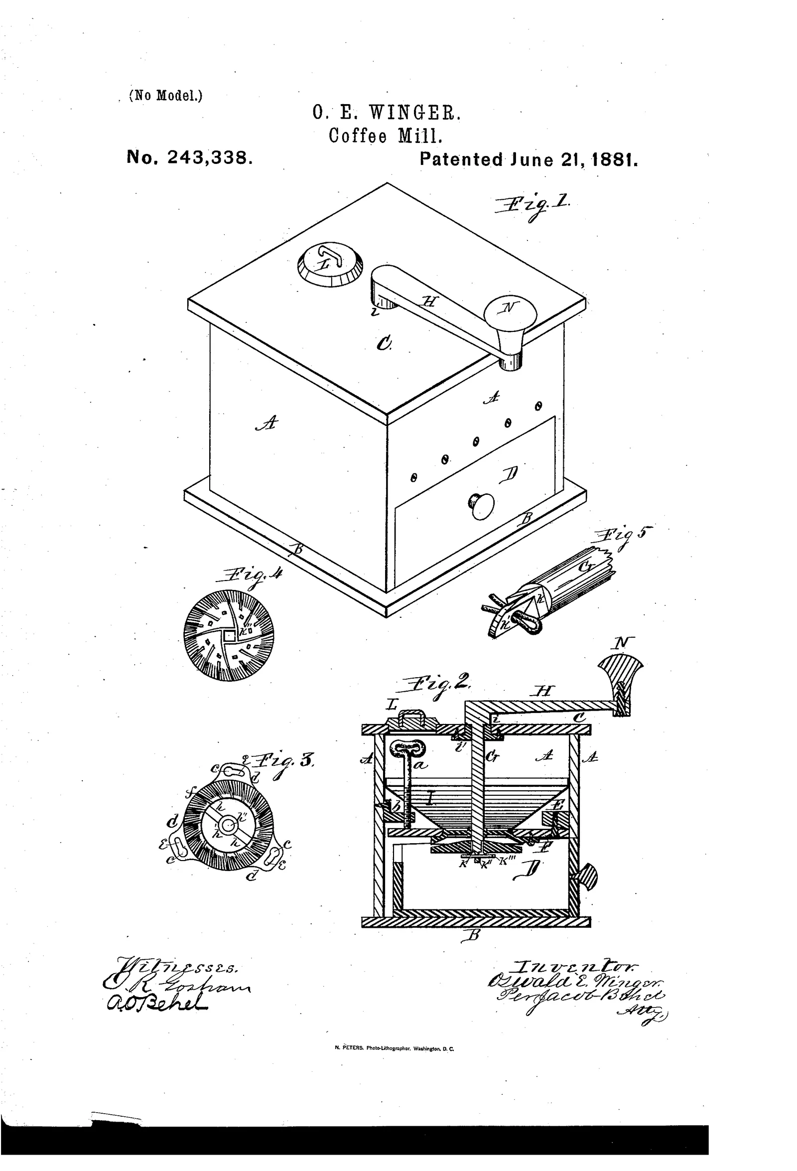 La figure 1 montre le moulin en perspective, un coffret de bois cubique surmonté de son couvercle à charnière, la manivelle coudée sur le dessus et le petit tiroir de réception en façade. Les figures suivantes l'ouvrent : l'arbre vertical, les meules coniques dentées vues de face et de dessus, et l'écrou de réglage qui commande à lui seul la finesse de la mouture.