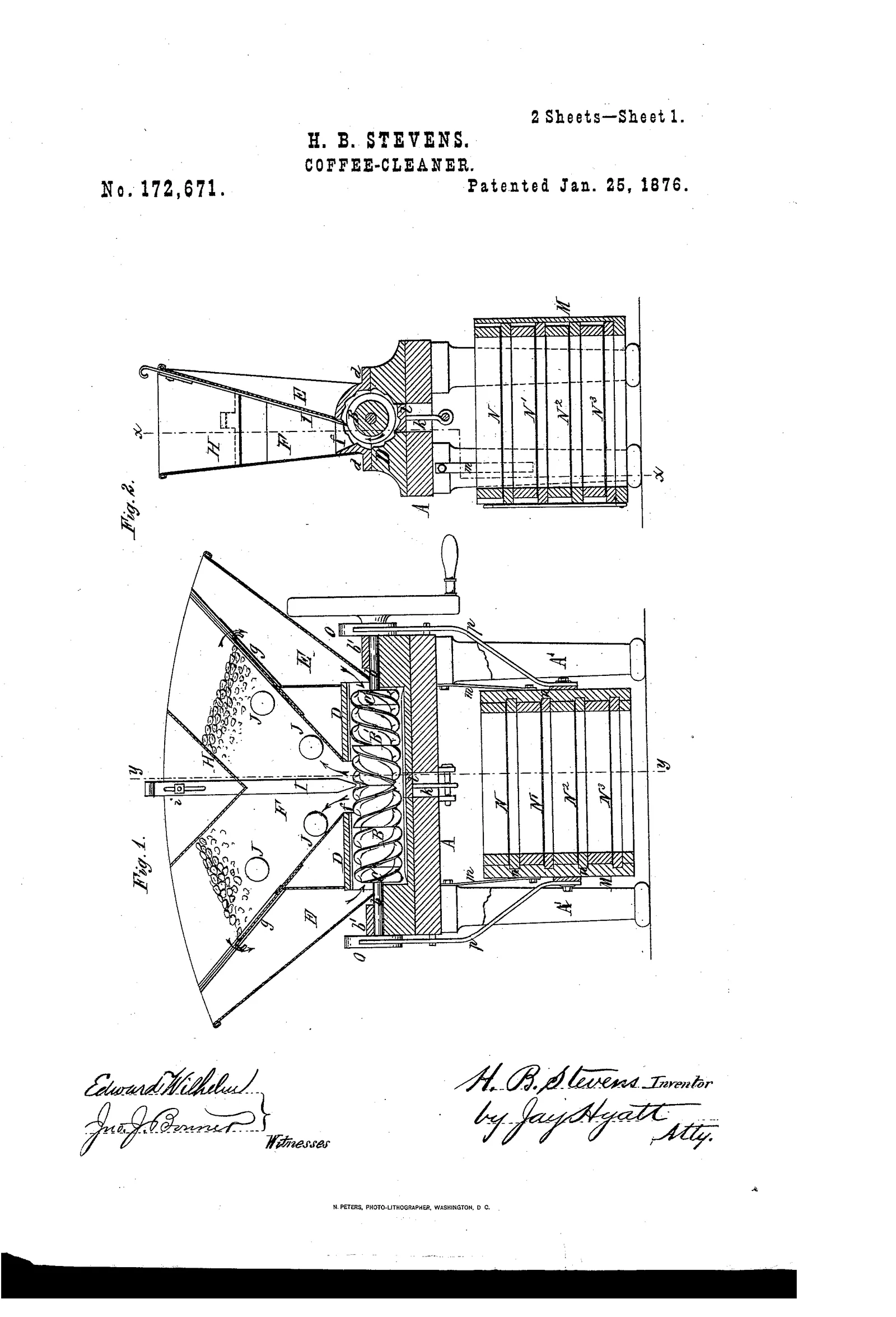 Une haute figure unique : un grand entonnoir conique monté sur quatre pieds surmonte un corps cylindrique, l'ensemble dessiné en coupe pour laisser voir la colonne de grains qui descend et le courant qui la traverse. Le dessin est presque un schéma hydraulique — un cône, une colonne, une sortie — où l'on lit tout de suite le trajet de la matière et celui du fluide.