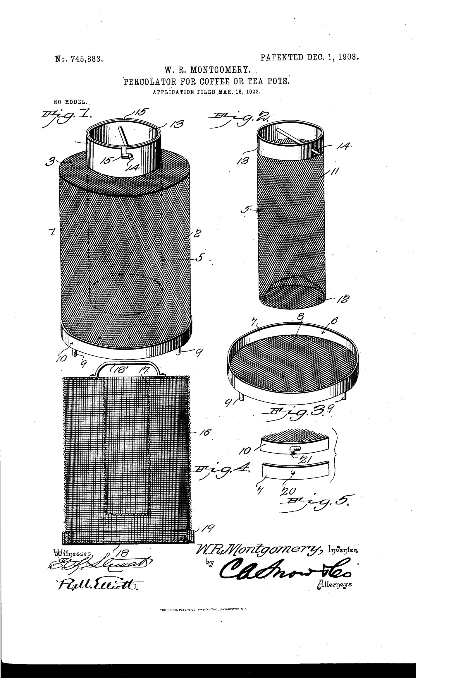 Cinq figures, dont deux très grandes. Deux cylindres de toile métallique fine sont dessinés en perspective sur presque toute la hauteur de la feuille, l'un ouvert, l'autre fermé par son fond ; à côté, un disque vu de dessus et deux coupes montrent comment la pièce se glisse dans une cafetière ordinaire. L'invention n'est pas une cafetière mais un panier à poser dans celle qu'on possède déjà.