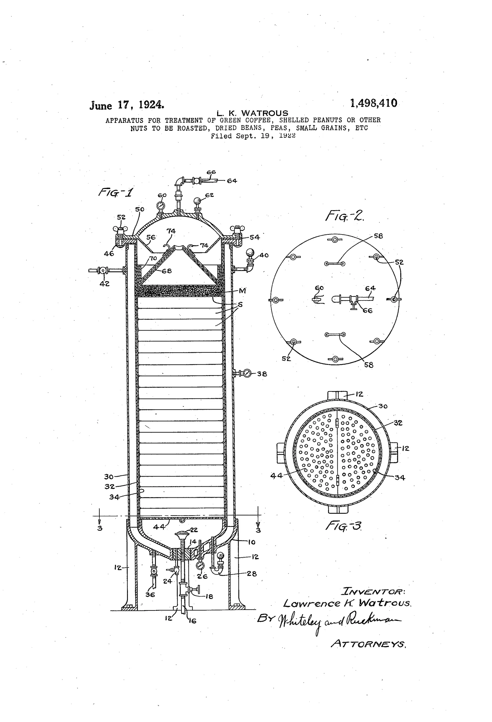 Une cuve cylindrique fermée, dessinée en coupe verticale, traversée de haut en bas par un faisceau de tubes ; à droite, la vue de dessus montre la plaque perforée qui porte ces tubes, et une troisième figure donne le détail d'un élément. Le liquide circule dans les tubes pendant que les grains occupent le corps de la cuve, dispositif d'échange thermique que l'on retrouvera dans les fermenteurs fermés.