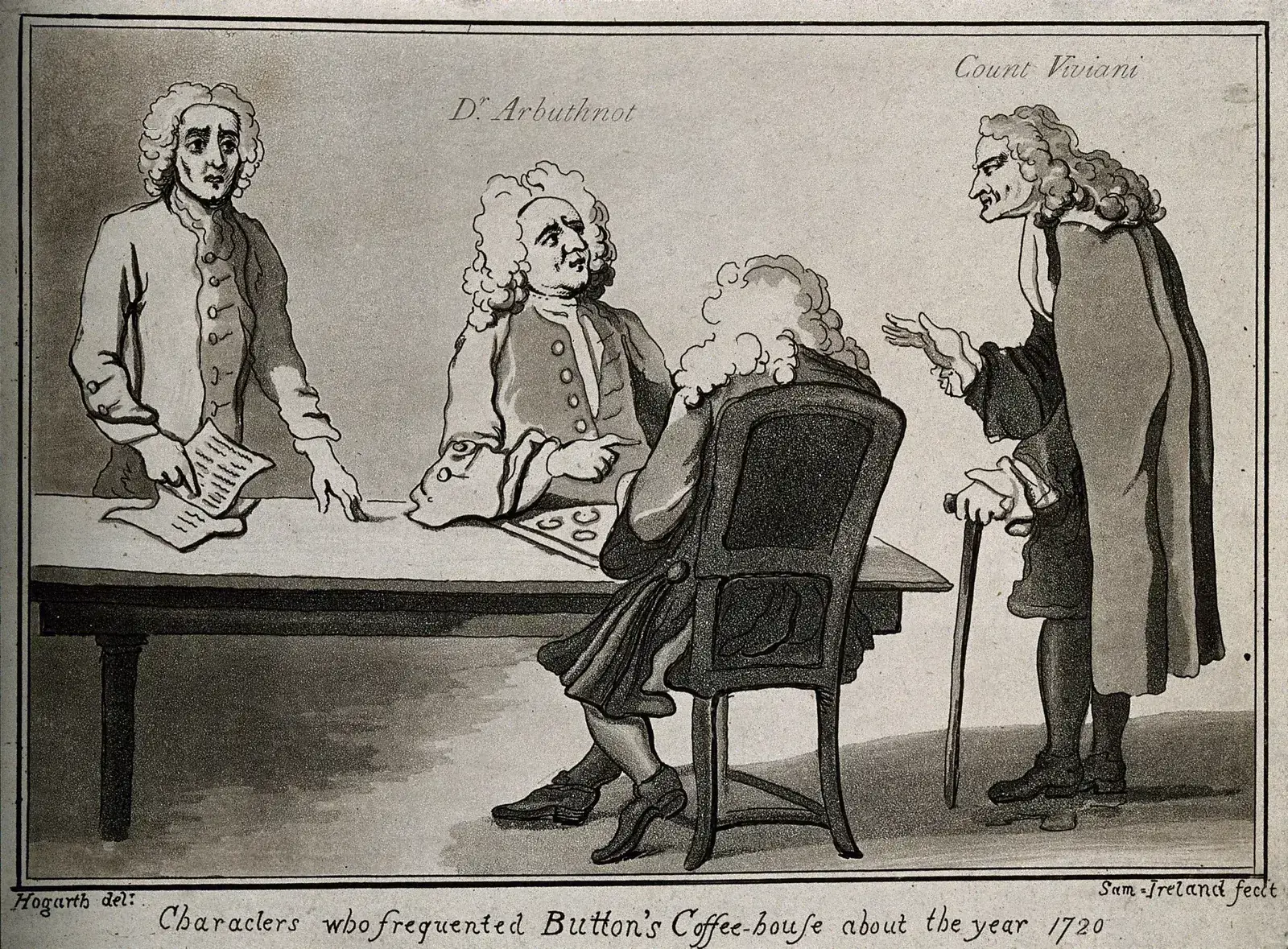 Trois habitués du Button's Coffee-house de Londres autour d'une longue table nue : un homme en perruque appuyé des deux mains sur des feuillets, le docteur Arbuthnot assis devant un damier, et le comte Viviani en longue cape qui s'avance en parlant, la main tendue ; la légende gravée les nomme un par un et précise qu'il s'agit des figures qui fréquentaient l'établissement vers 1720.