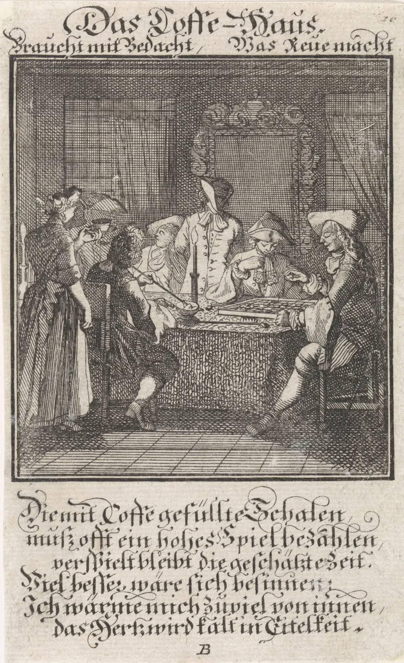 Estampe intitulée Das Coffe-Haus : autour d'une table éclairée à la chandelle, cinq hommes penchés jouent au trictrac pendant qu'une servante apporte des bols de café ; des vers allemands gravés au-dessus et au-dessous avertissent que le jeu fait perdre à la fois l'argent et le temps que l'on tenait pour précieux.