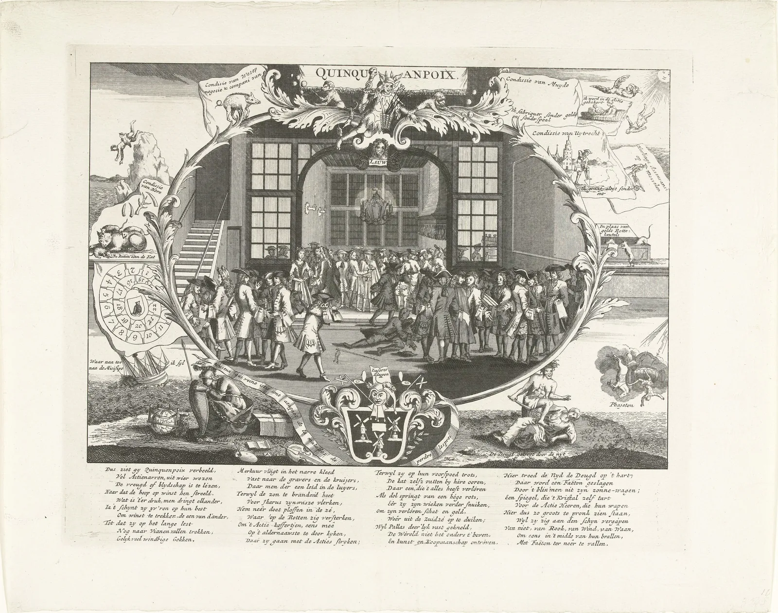 Planche satirique sur la spéculation de 1720 : au centre, dans un cartouche ovale, la grande salle du café Quincampoix d'Amsterdam où une foule d'hommes en perruque se presse pour échanger des actions sous les hautes fenêtres, le tout encadré de vignettes allégoriques et de vingt-quatre vers néerlandais qui moquent les ruines.