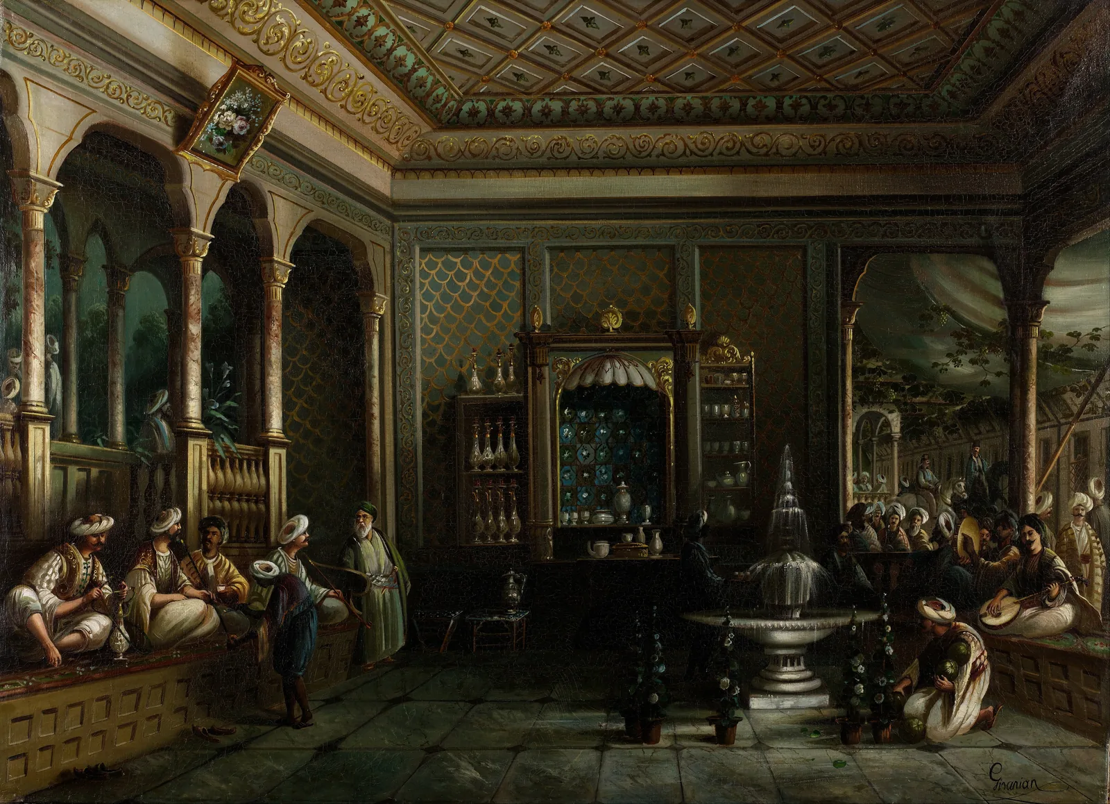 Peinture de l'intérieur d'une grande maison de café d'Istanbul : sous un plafond de bois peint porté par des colonnes ouvragées, des hommes en fez et en turban sont assis sur des banquettes basses le long des murs, autour d'un large brasero de cuivre placé au centre de la salle.