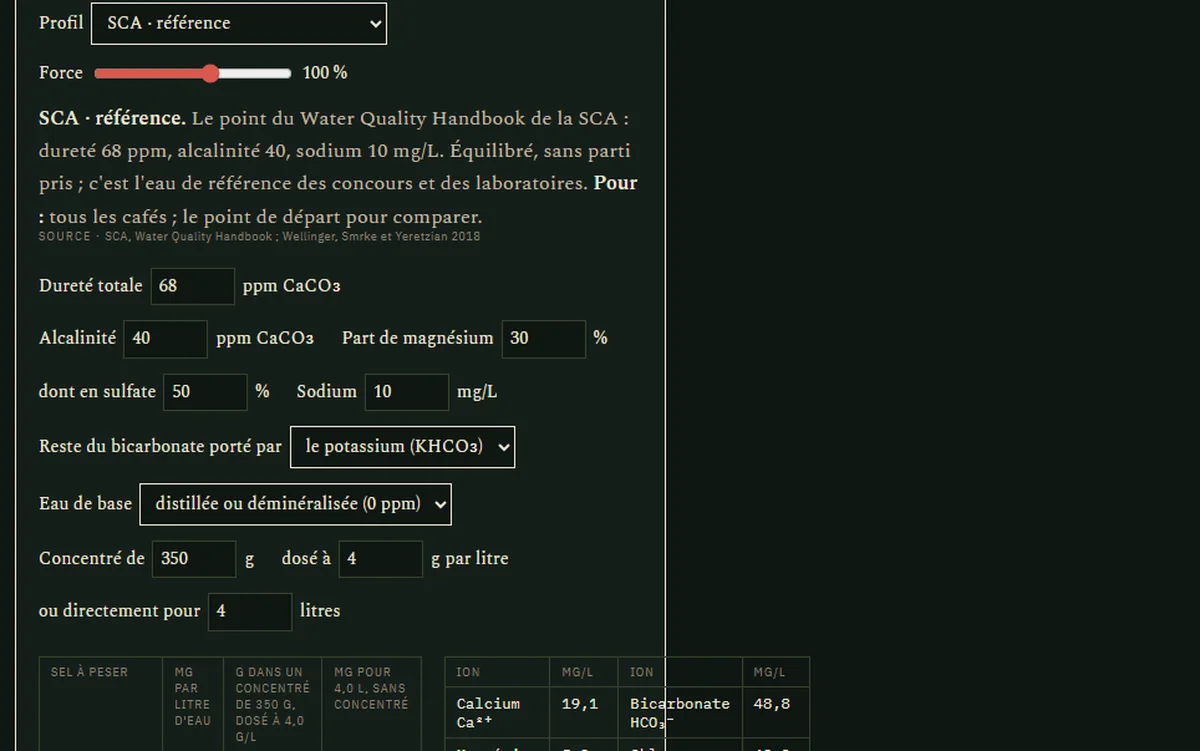 Capture d’écran du calculateur d’eau : les cibles et les sels à peser