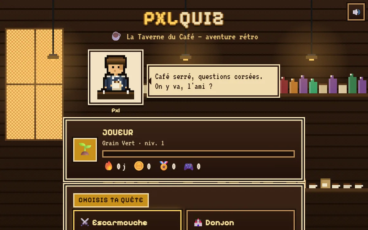 Capture d’écran du quiz : l’écran de jeu, une taverne en pixel art