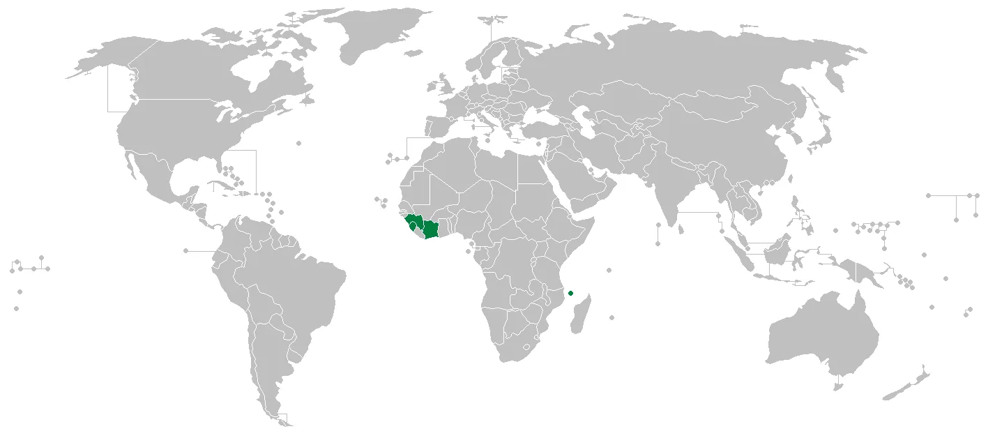 Carte de l'Afrique de l'Ouest où une teinte colorée limite l'aire naturelle de Coffea stenophylla à une étroite bande côtière couvrant la Sierra Leone, la Guinée et la Côte d'Ivoire.