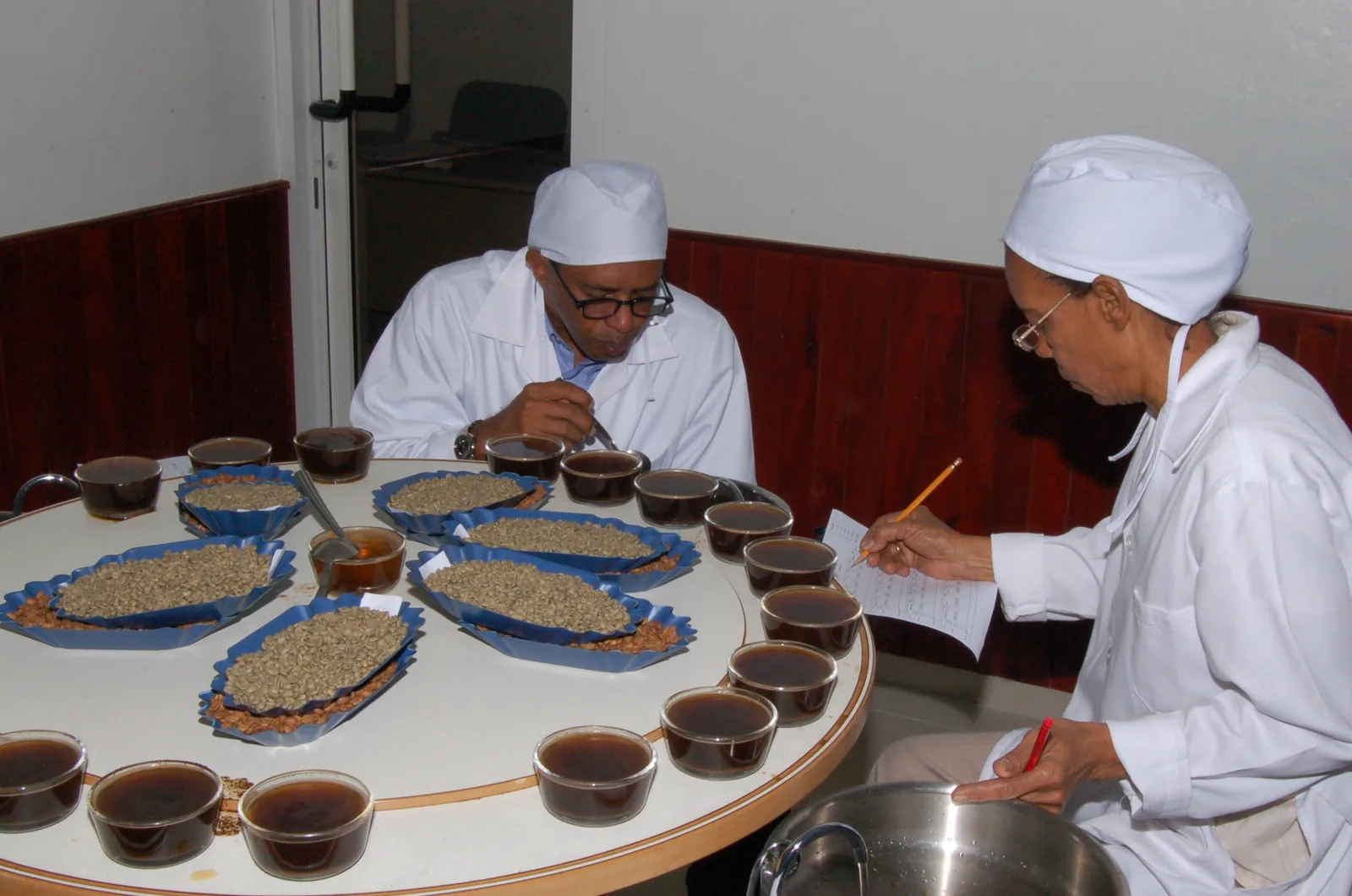 Deux dégustateurs en blouse et calot blancs prennent des notes autour d'une table ronde portant des bols de café et des plateaux d'échantillons de grains verts et torréfiés.