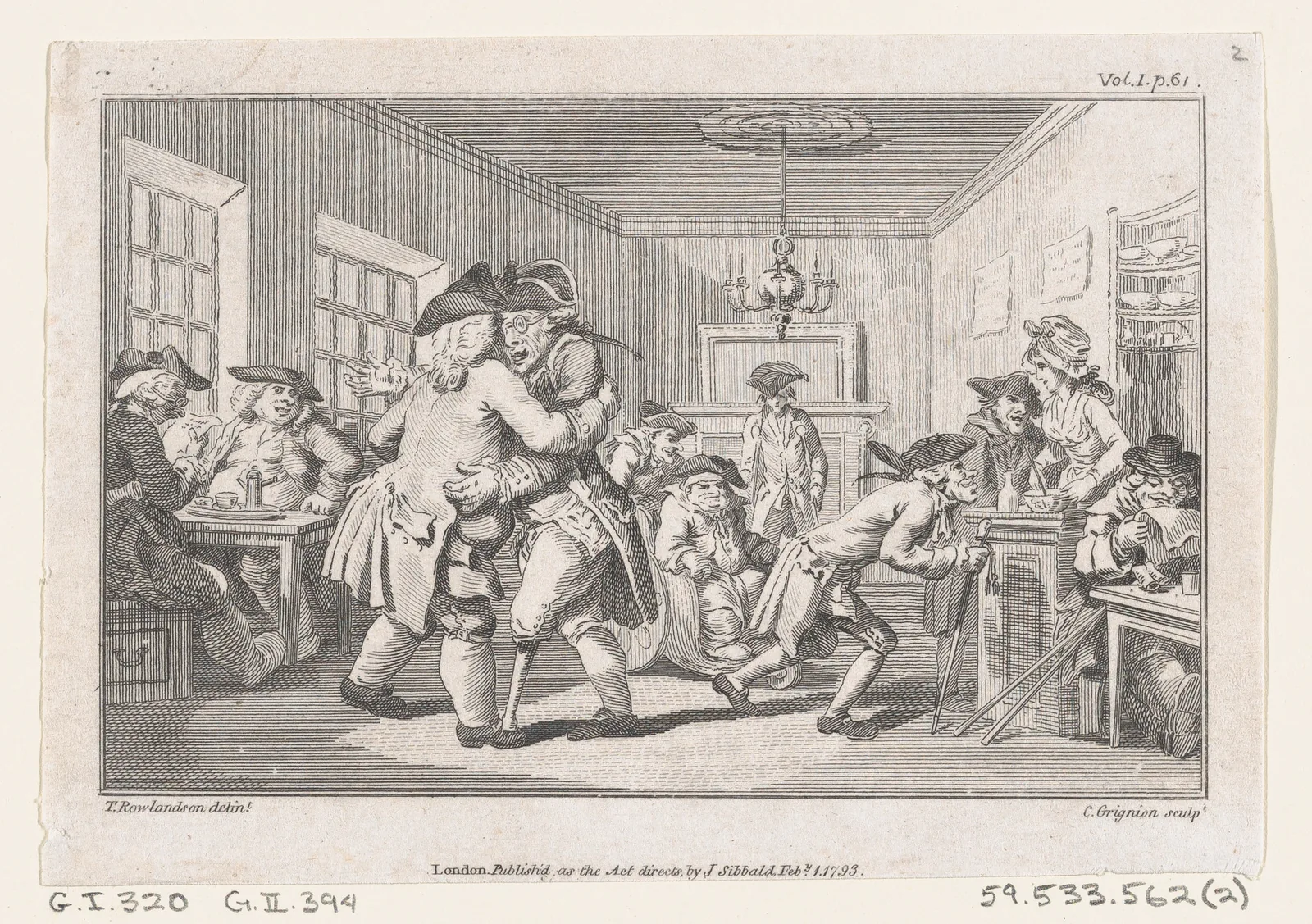 Gravure montrant l'intérieur d'une maison de café où plusieurs hommes en habit et perruque dansent et se bousculent au milieu de la salle, tandis que d'autres clients attablés @@OÙ3@@ installés dans des box les regardent.