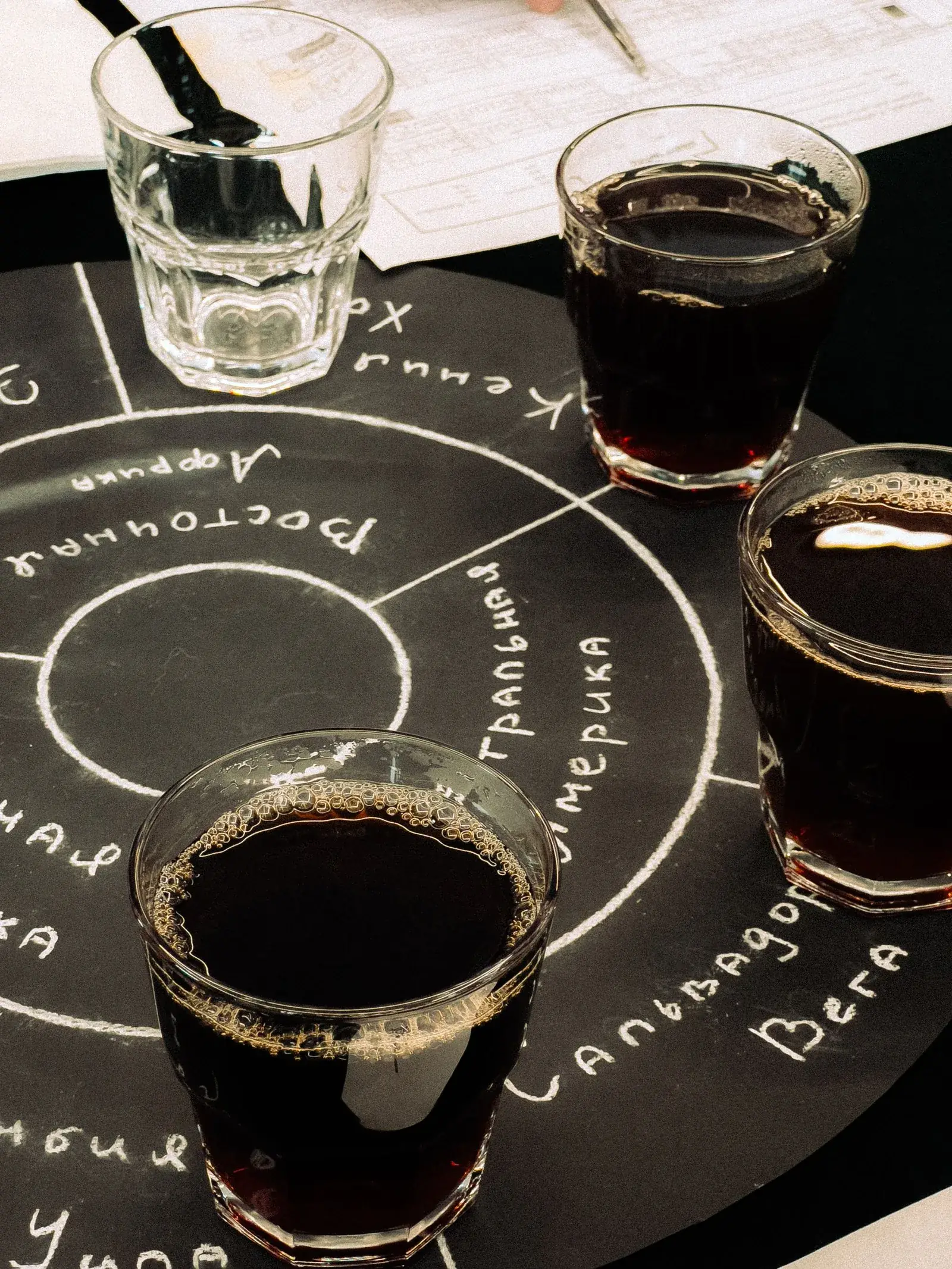 Trois verres de café et un verre d'eau sont posés sur un plateau noir où sont tracés à la craie, en caractères cyrilliques, des noms d'origines et de profils de torréfaction.