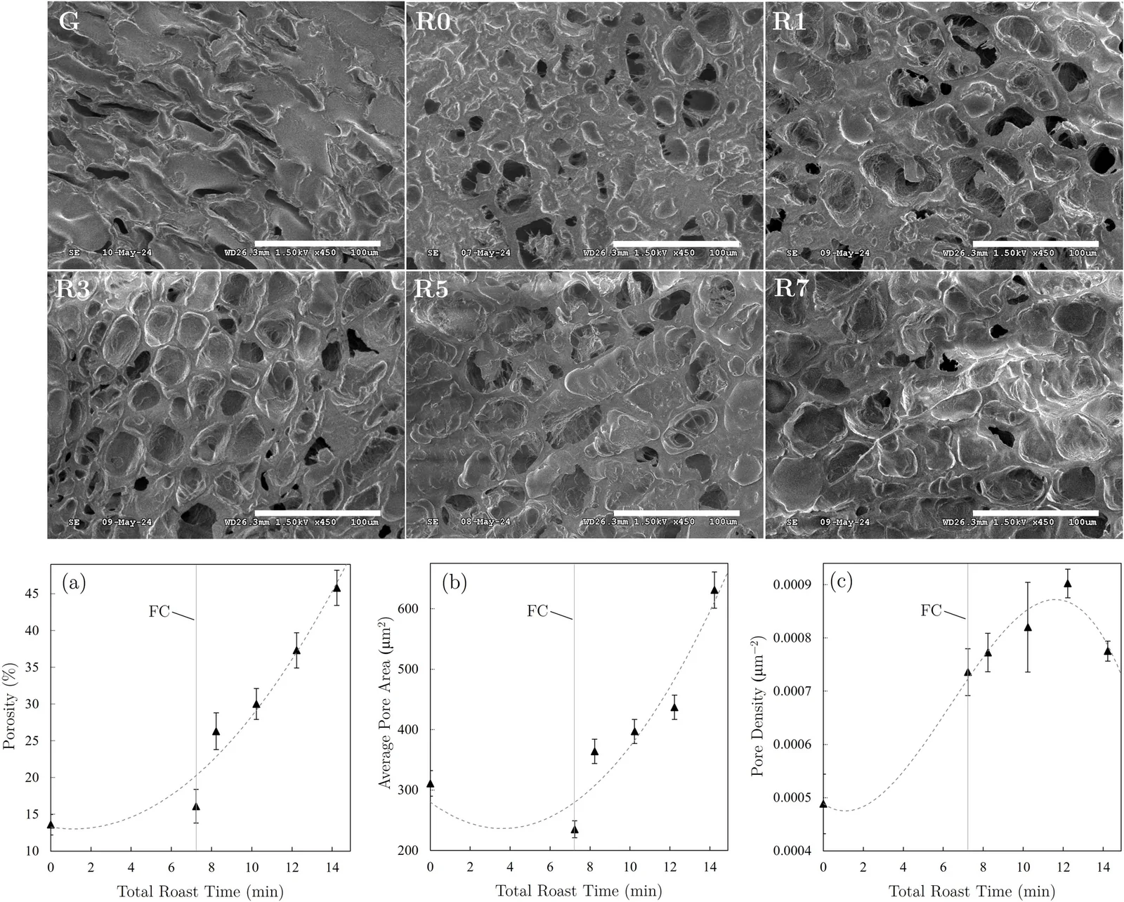 Six micrographies électroniques de la structure interne du grain, du café vert jusqu'au degré de torréfaction le plus foncé, où les cavités s'ouvrent progressivement, suivies de trois graphiques de porosité, de surface moyenne des pores et de densité de pores en fonction du temps de torréfaction.