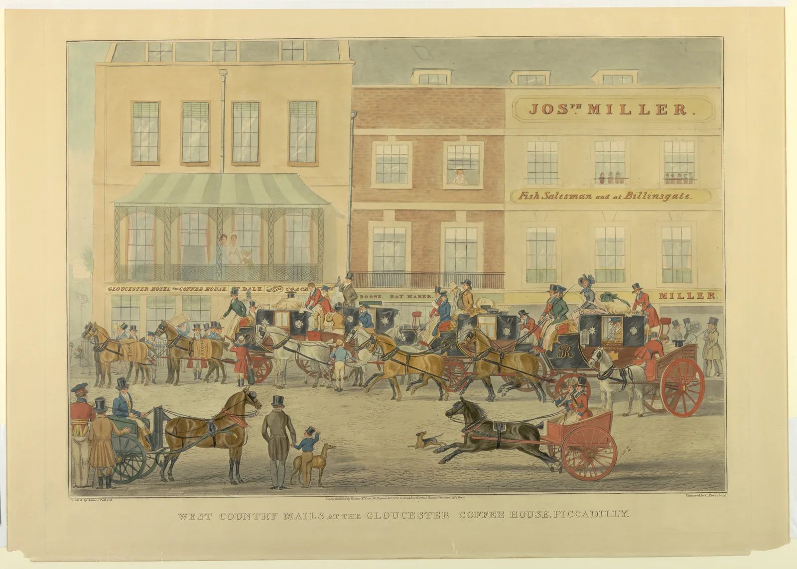 Estampe coloriée montrant, devant la façade du Gloucester Coffee House à Piccadilly, plusieurs malles-poste attelées au départ, entourées de voyageurs, de bagages et de badauds.