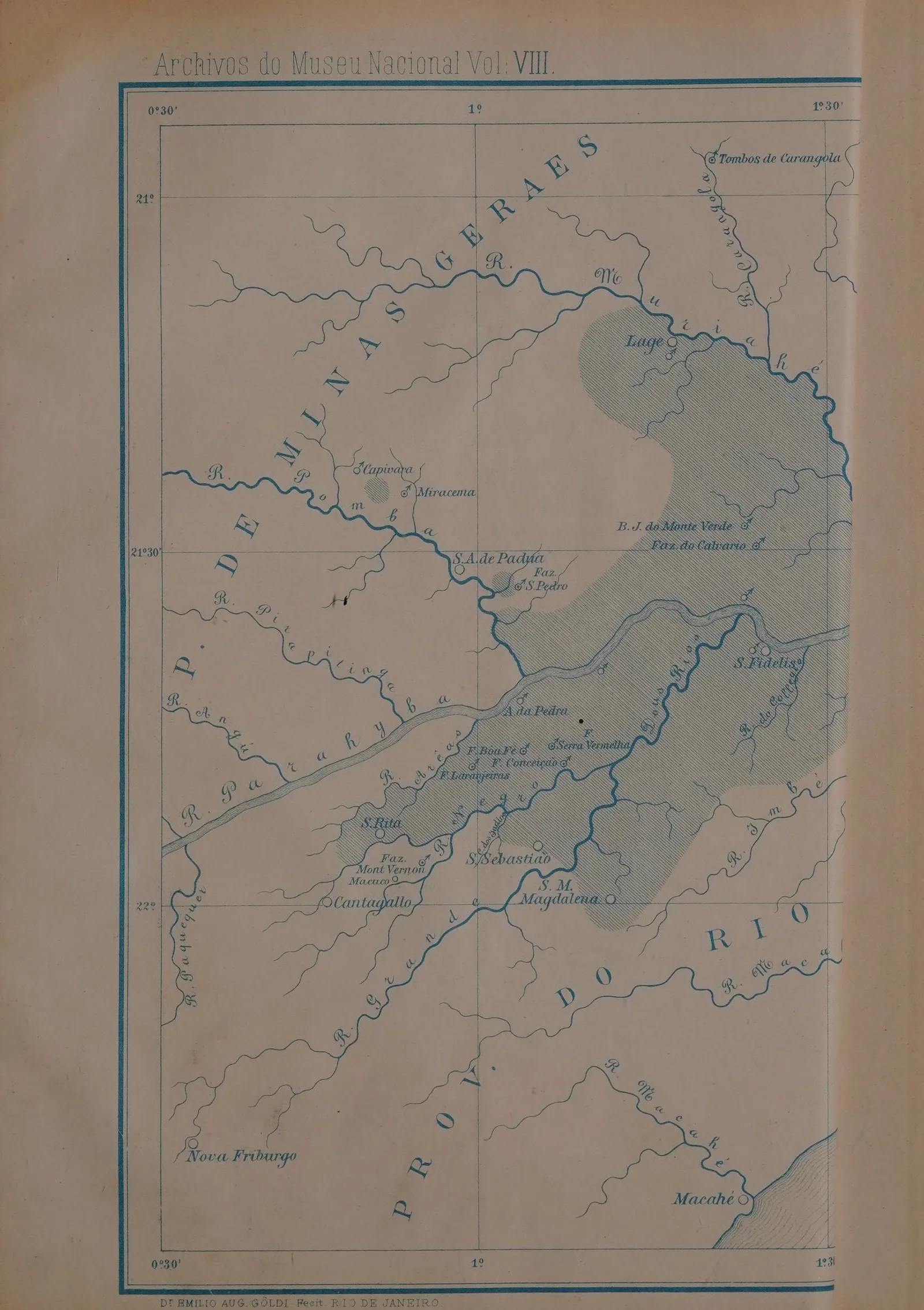 Carte dépliante imprimée en bleu couvrant la province de Rio de Janeiro entre Minas Gerais, l'Espírito Santo et l'Atlantique, où une teinte plus soutenue délimite la zone contaminée le long des vallées, avec le titre « Zona affectada pela molestia do cafeeiro » porté en bas.