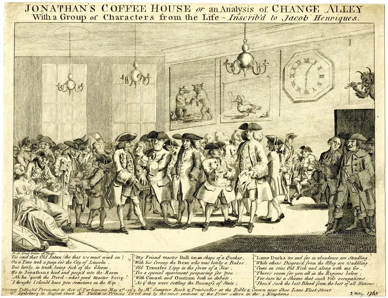 Gravure satirique de la grande salle du Jonathan's Coffee House de Change Alley à Londres, remplie d'agioteurs en discussion, où le café sert de décor aux transactions boursières.
