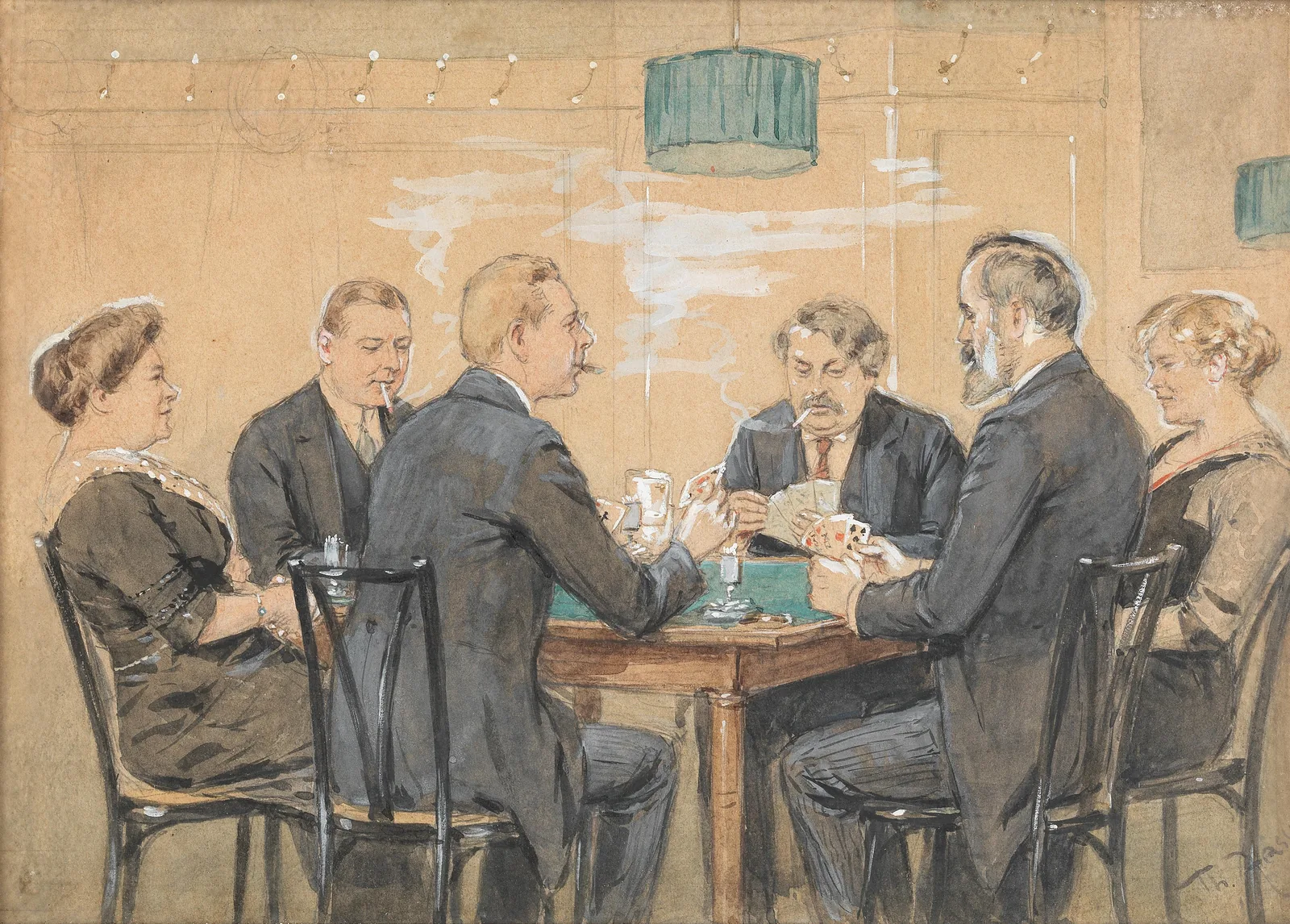 Aquarelle représentant une tablée de café viennois : sept personnes, hommes en costume sombre et femmes, serrées autour d'un tapis de jeu vert où sont étalées les cartes, des tasses et des verres posés entre elles.