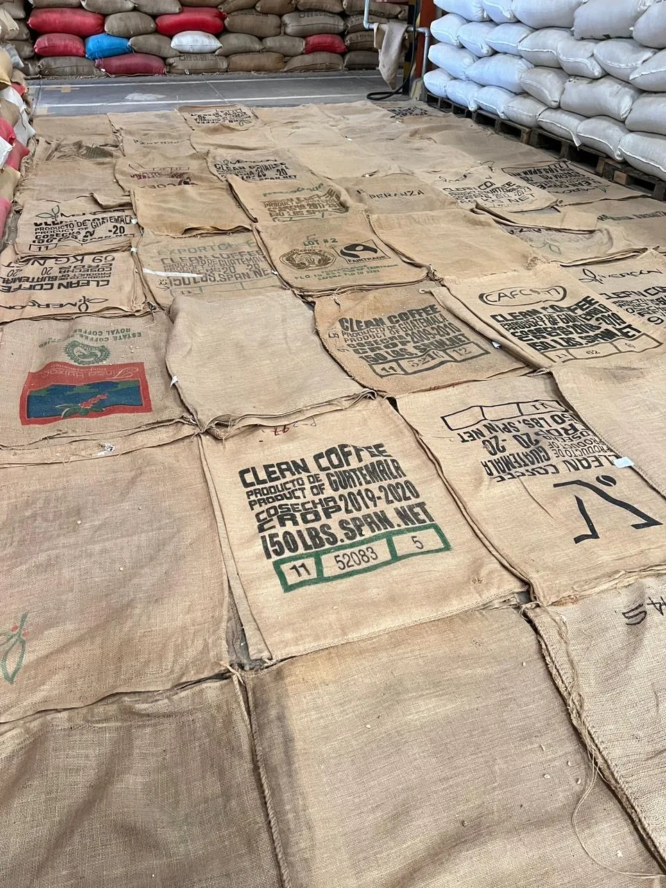 Toiles de jute etalees sur un patio de sechage