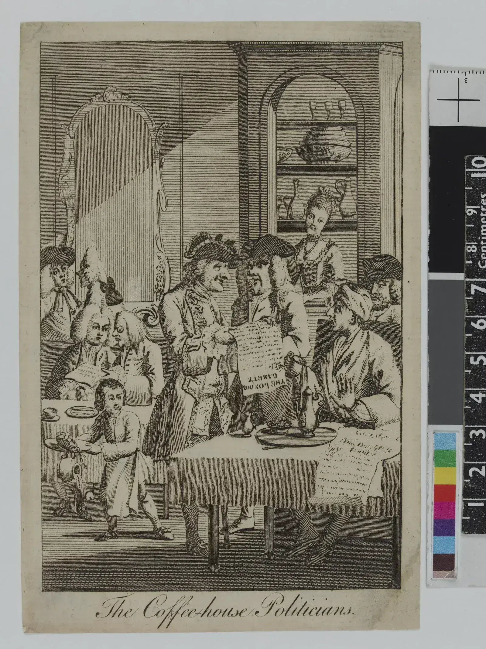 Eau-forte satirique montrant des habitués d'une maison de café londonienne attablés autour de gazettes déployées, discutant avec véhémence, pipes et tasses posées devant eux.