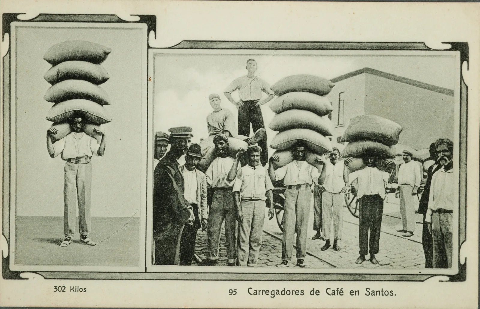 Carte postale à deux vignettes. À gauche, légendée 302 kilos, un seul homme en gilet blanc porte sur la tête et les épaules une pile de cinq sacs de café, les mains levées pour les tenir. À droite, une quinzaine de portefaix posés sur le pavé d'une rue de Santos, plusieurs sous des piles de quatre ou cinq sacs, deux camarades juchés au sommet d'une charrette. La carte affiche la charge comme un exploit ; ce qu'elle documente est le coût humain du transit du café vers le navire. Le fichier a été rogné de la mire de calibration du musée, présente sur l'original de 4256 x 2832 pixels.