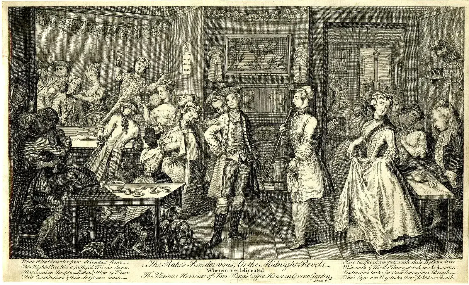Gravure satirique de l'intérieur du Tom King's Coffee House à Covent Garden la nuit : une salle bondee où se mêlent buveurs, femmes et bagarreurs, perruques renversées et chaises culbutées.