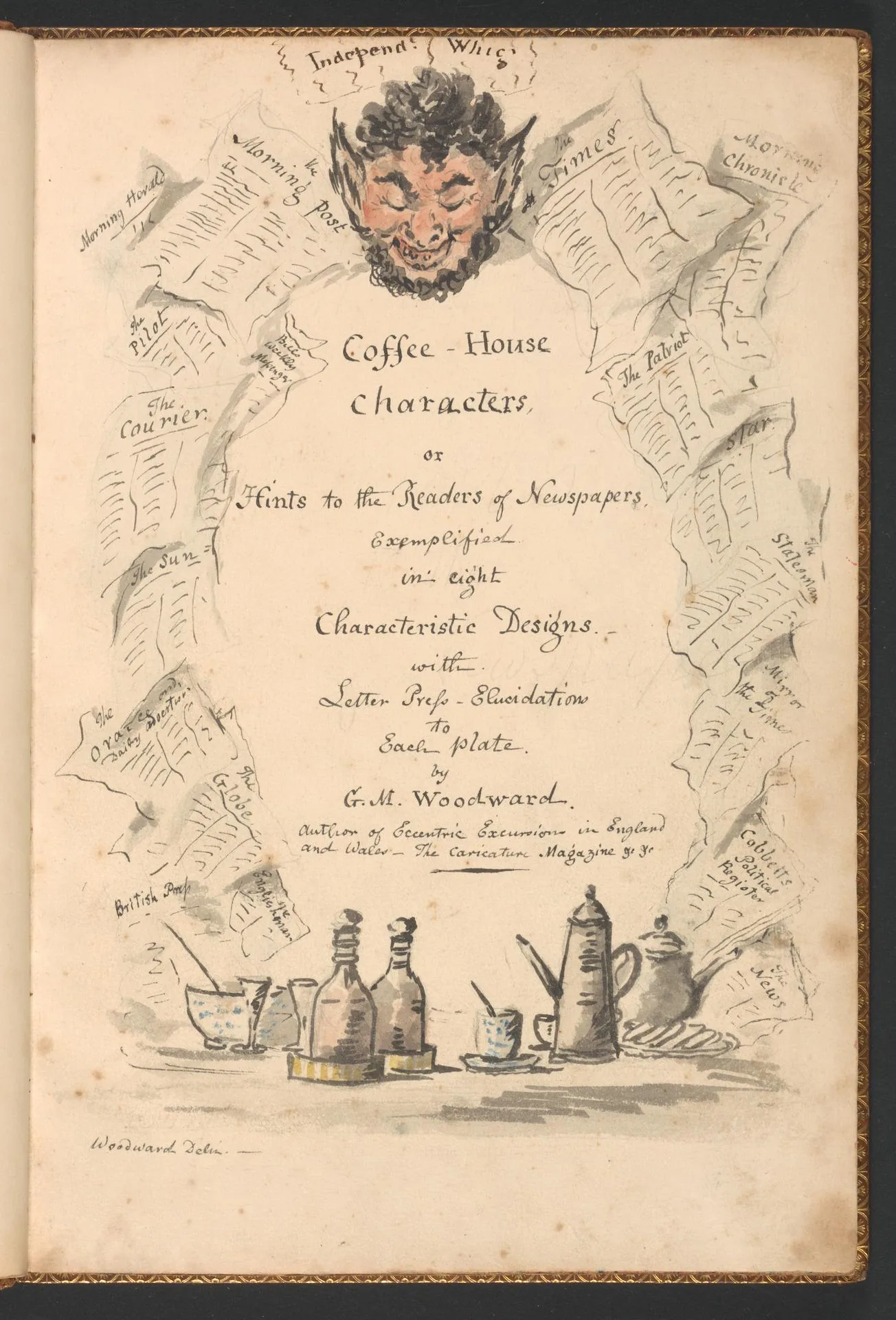 Page de titre gravée d'une suite de caricatures sur les habitués des maisons de café : le titre calligraphie occupe le centre, surmonté d'une tête grimaçante et entouré en bas de petites vignettes de cafetières, de pots et de silhouettes attablées.