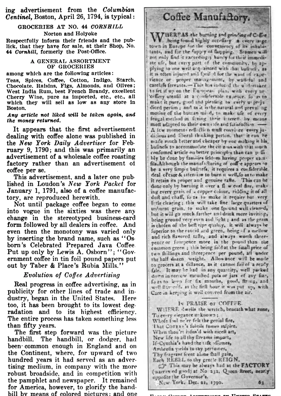 Une annonce parue dans le New York Packet, 1er janvier 1791