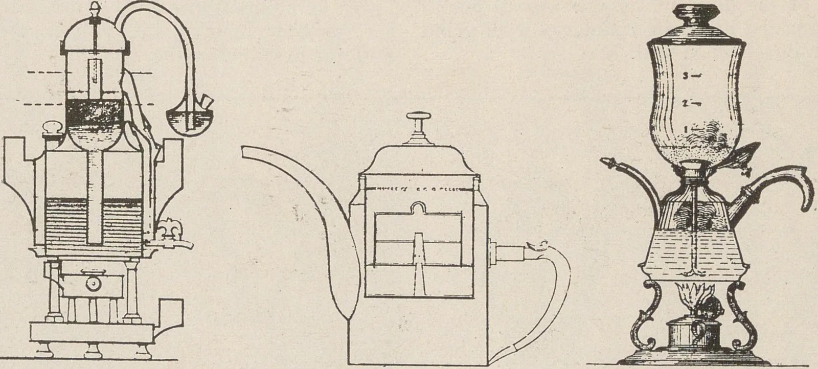 Trois dessins techniques, dont deux en coupe, montrant des cafetières à filtre et leur circulation d'eau.