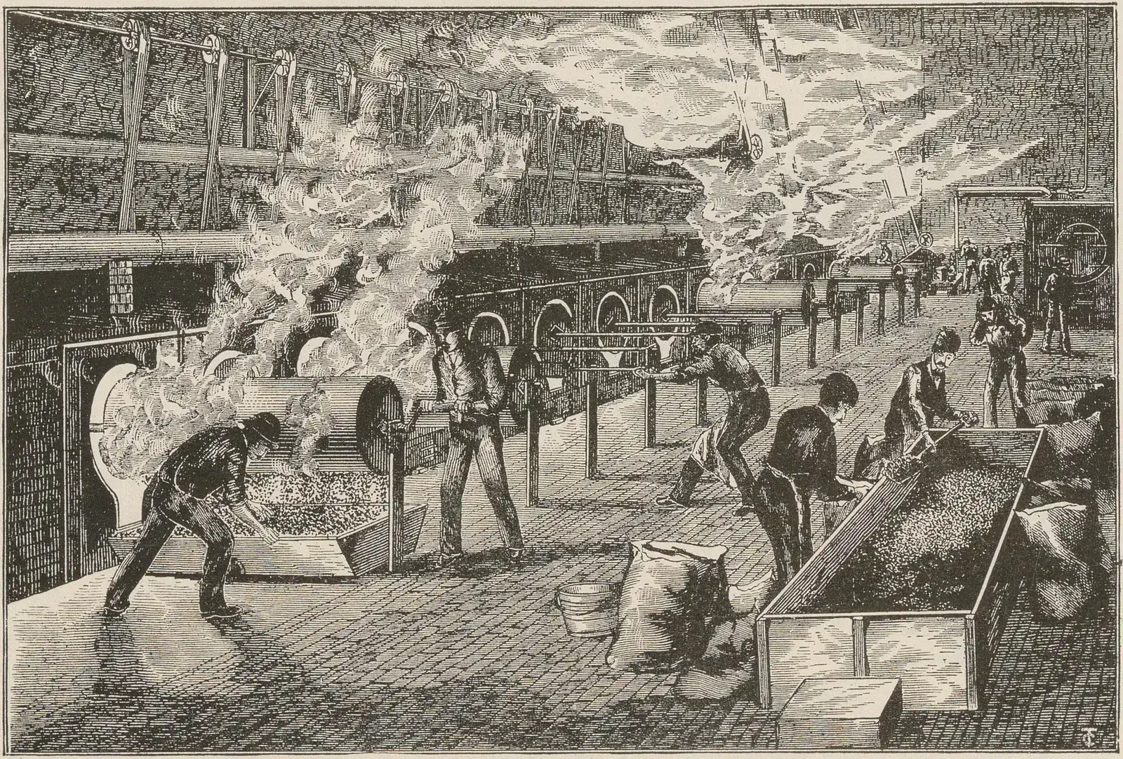 Gravure montrant des ouvriers tirant les cylindres de torréfaction hors des foyers, dans un nuage de vapeur.