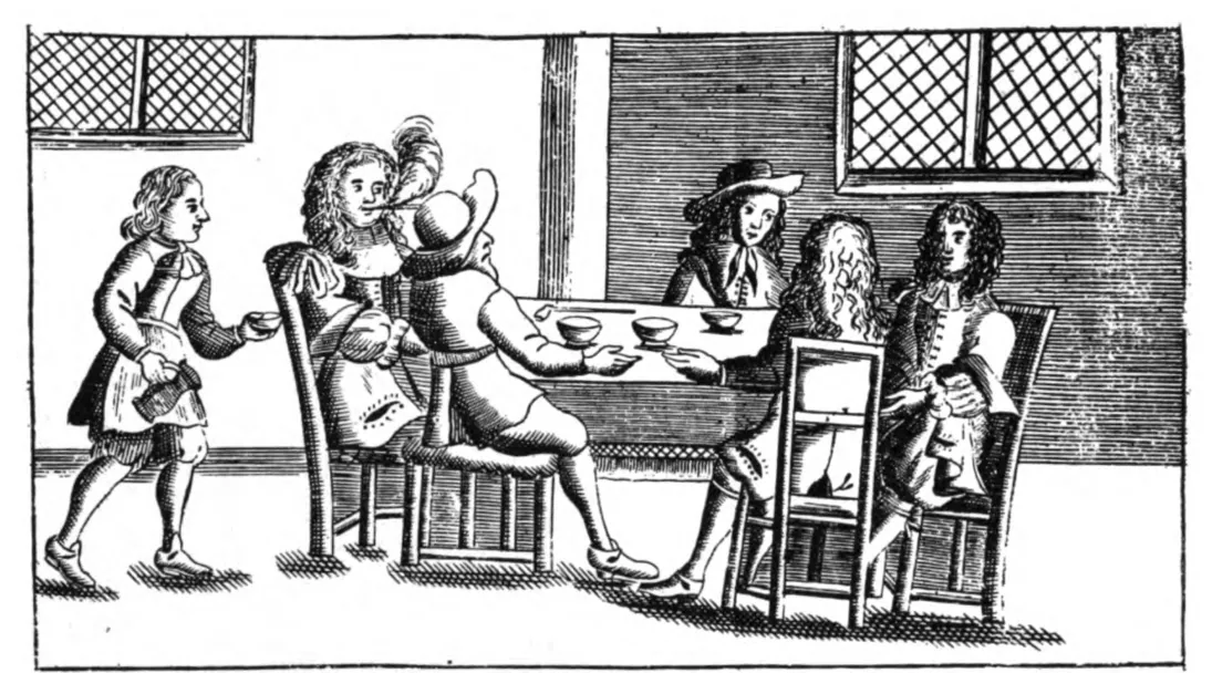 Un café au temps de Charles II, gravure sur bois de 1674