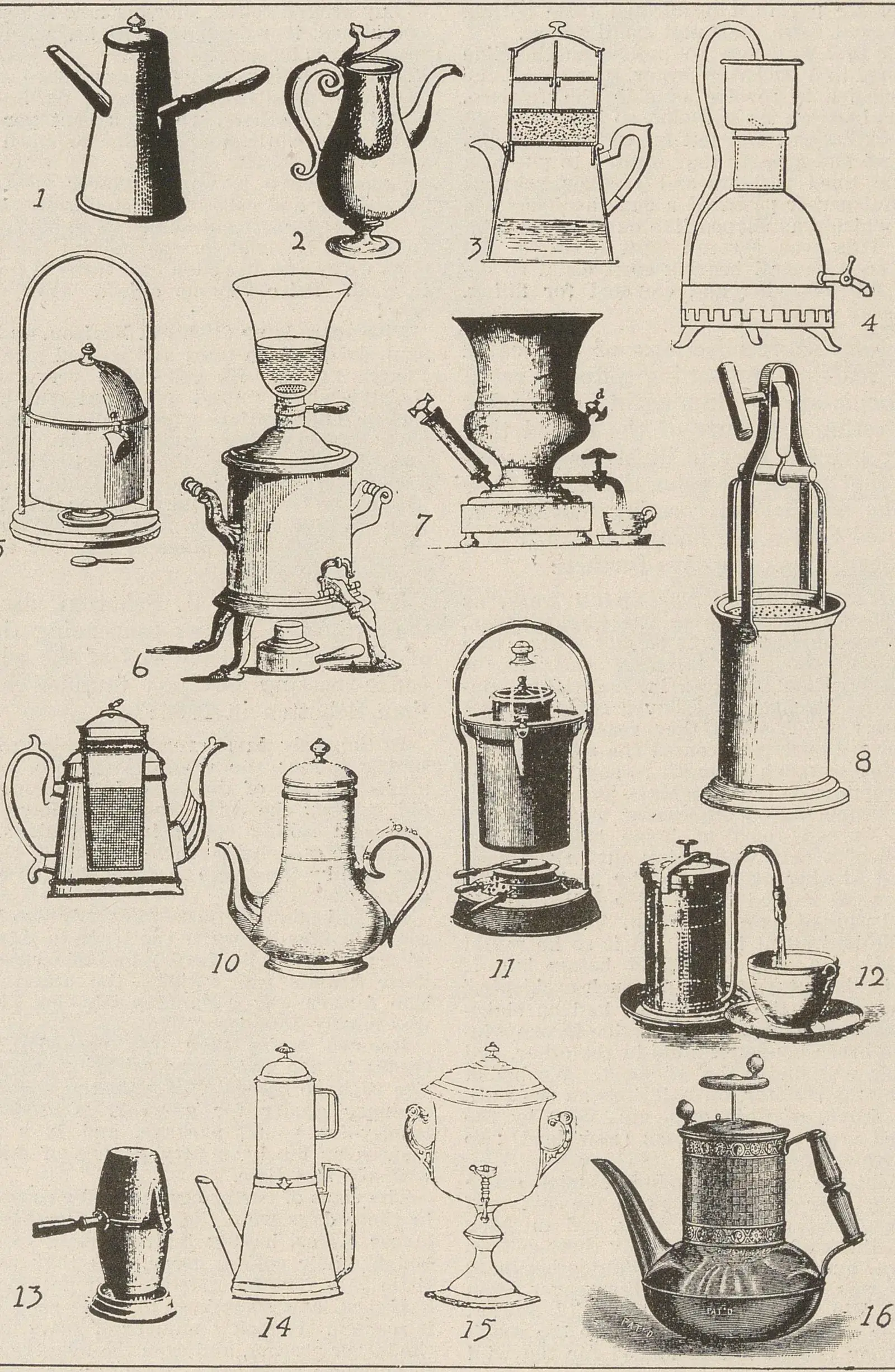 Planche numérotée de seize appareils : cafetières à filtre, à dépression, à pression et à percolation.