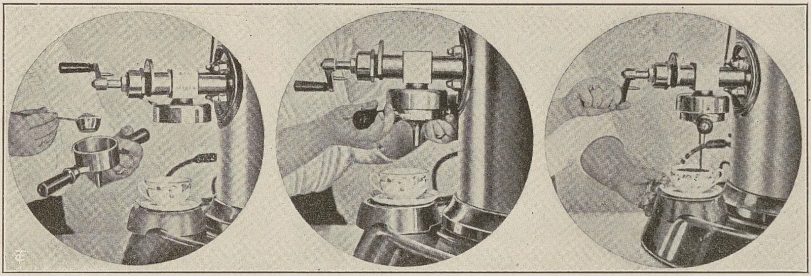 Trois vignettes circulaires montrant successivement le remplissage, la percolation et le service d'une tasse.